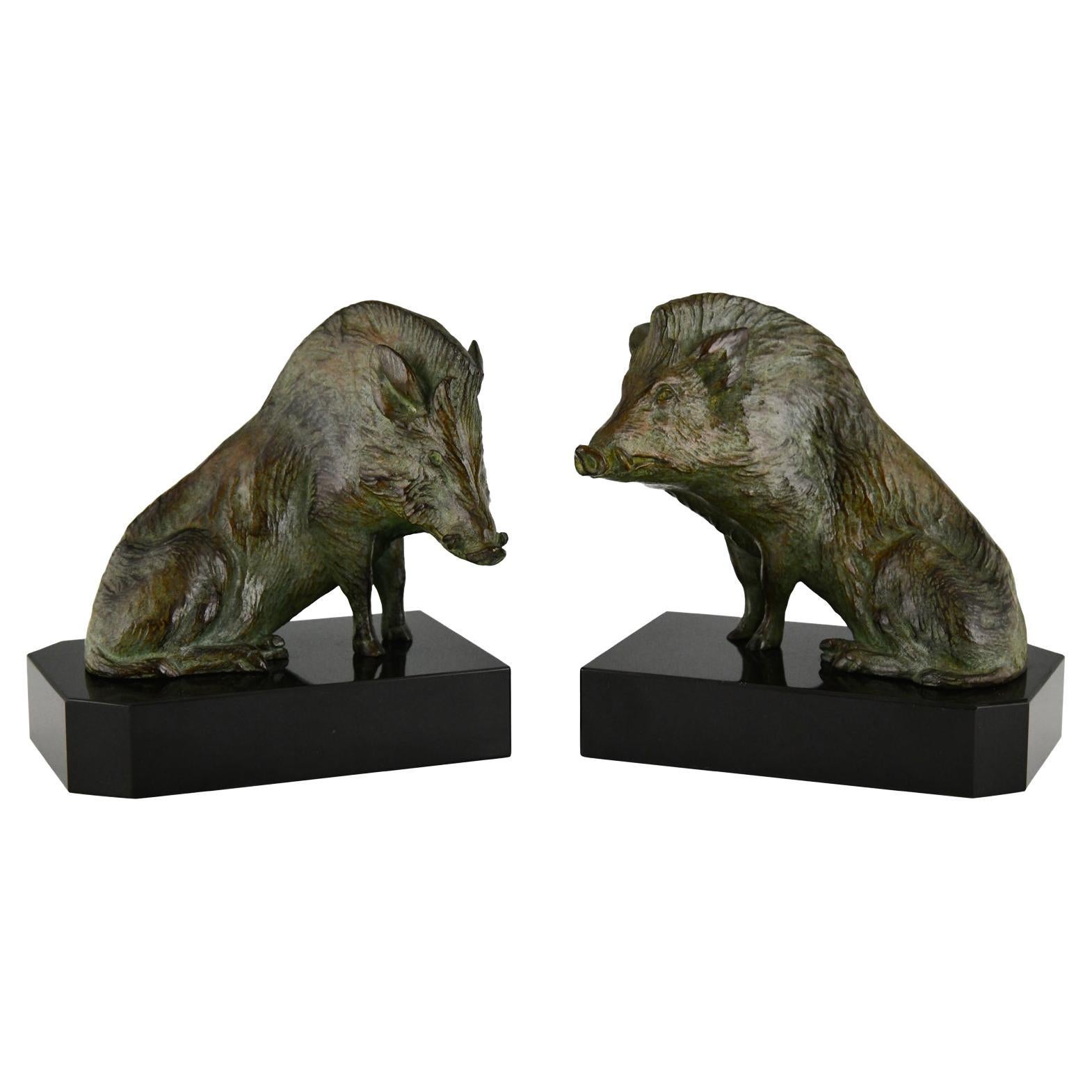 Art Deco Bronze Bookends Wild Boar by Louis Riche, France 1930 For Sale
