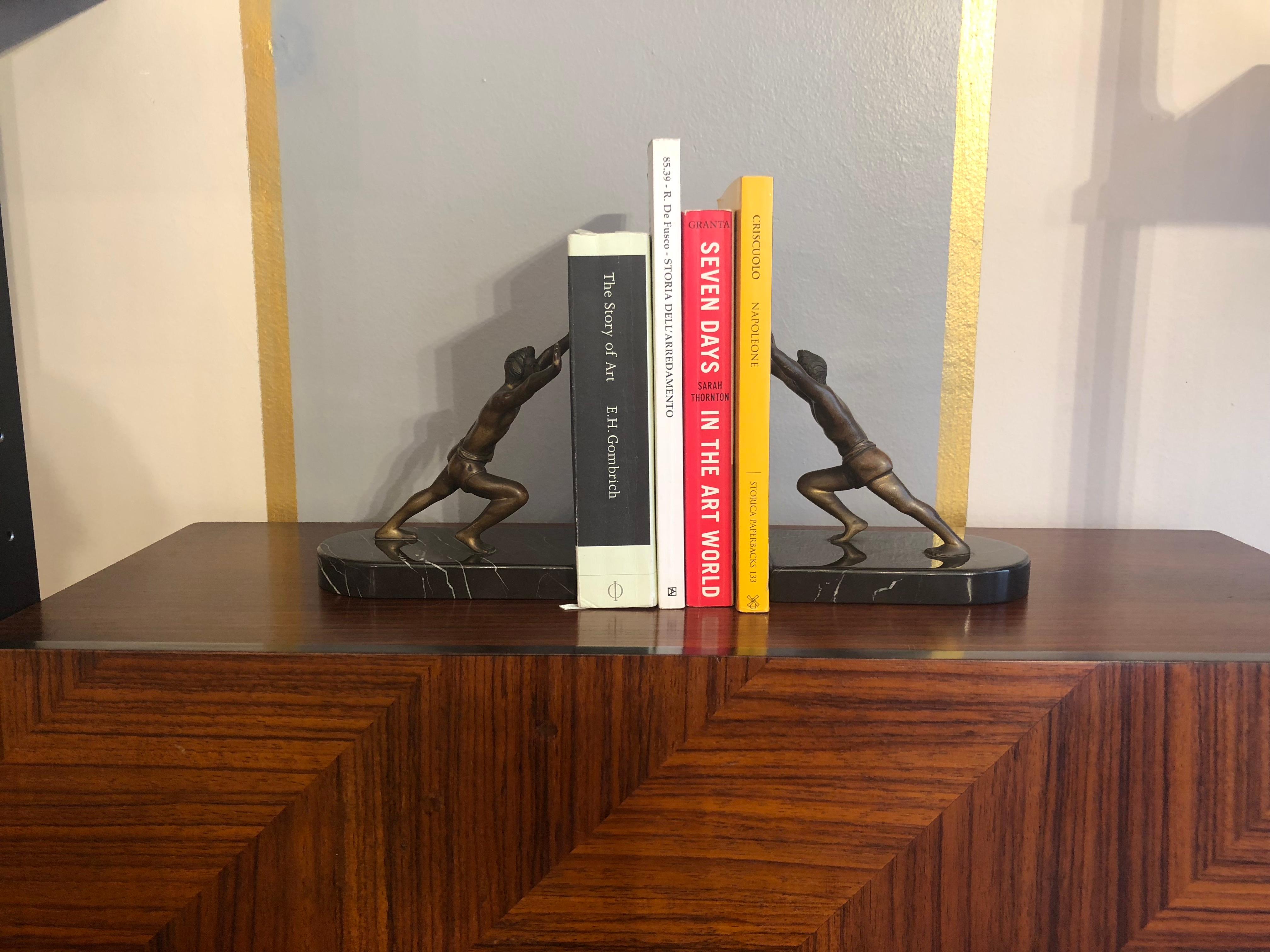 Italian Art Deco Bronze Bookends with Black Marble Bases