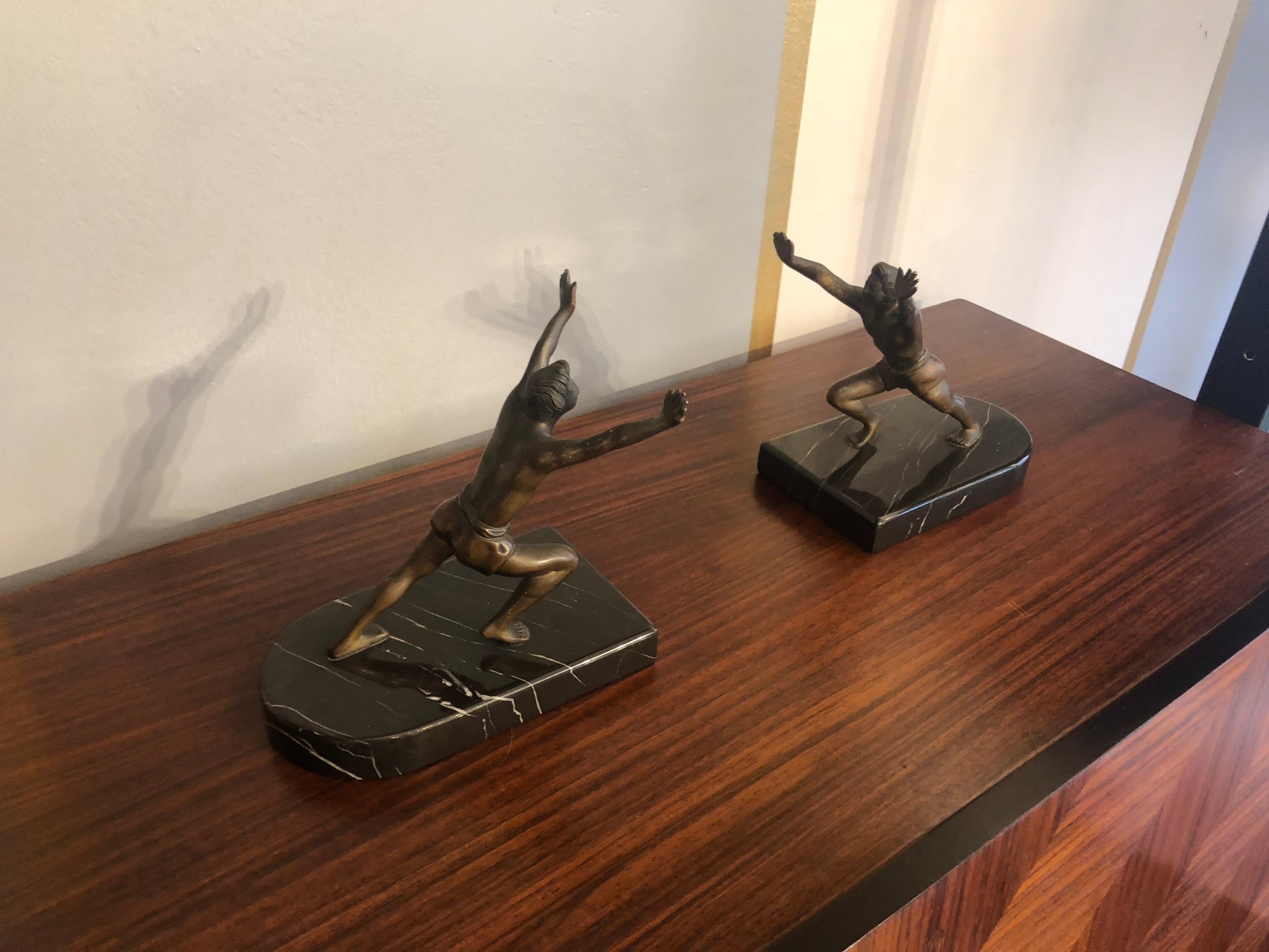20th Century Art Deco Bronze Bookends with Black Marble Bases