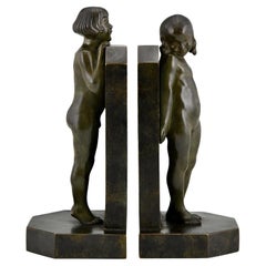 Art Deco Bronze Bookends with Children by Raoul Benard with Foundry Mark, 1930