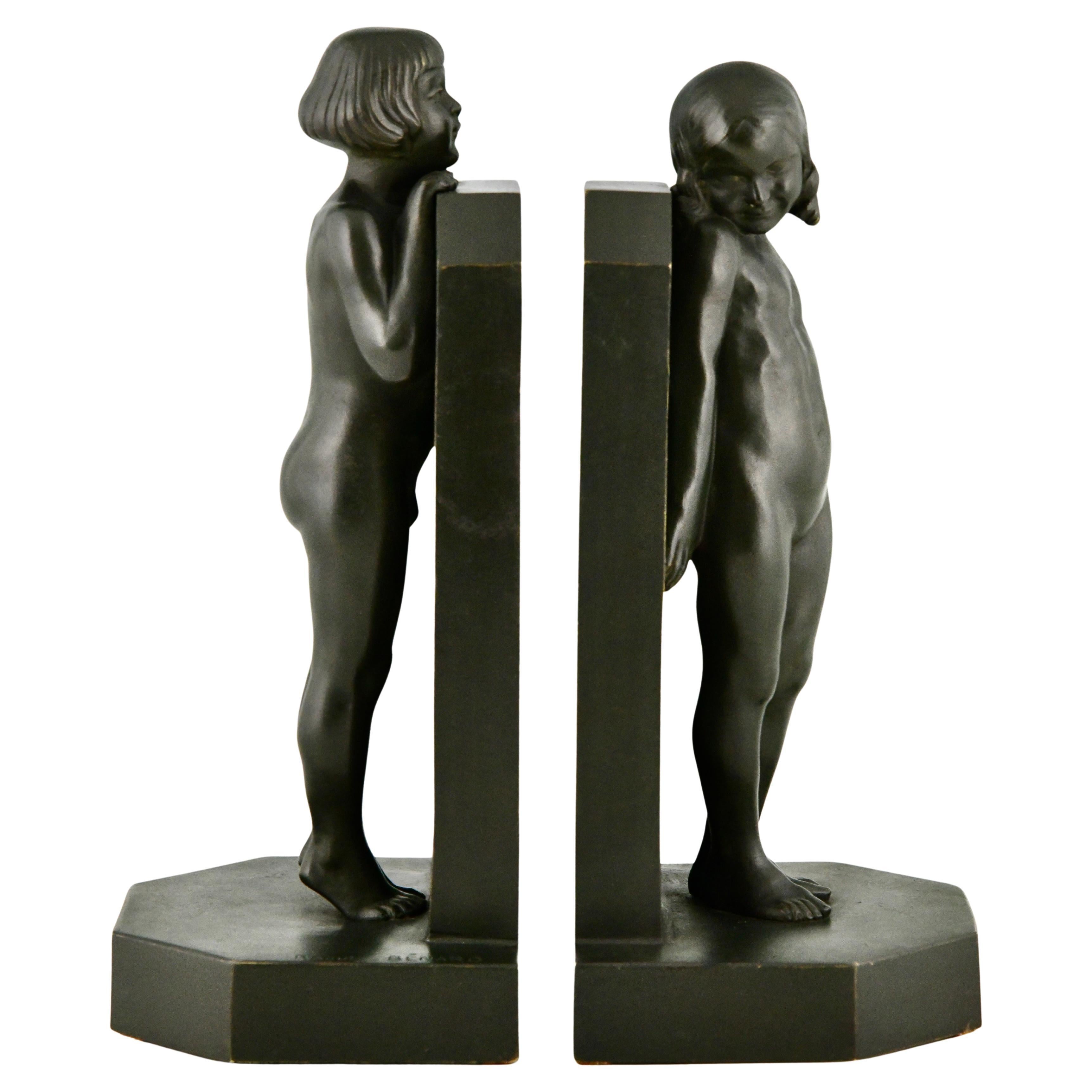 Art Deco Bronze Bookends with Children by Raoul Benard with Foundry Mark, 1930