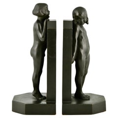 Sujetalibros Art Decó de bronce con niños de Raoul Benard con marca de fundición, 1930
