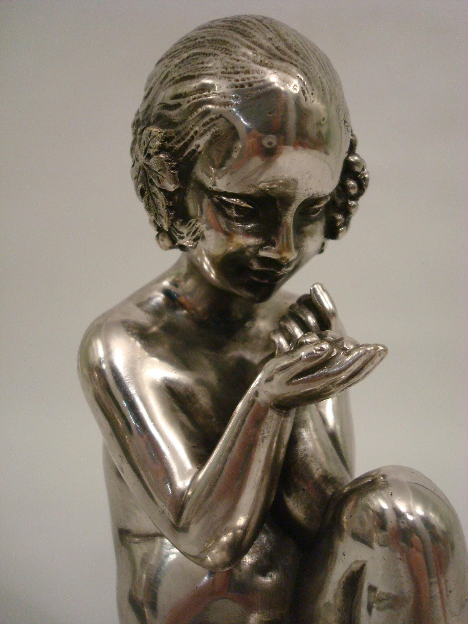 Art Deco Silvered Bronze Bookends with Satyr and Girl by Pierre Laurel, 1930 For Sale 3