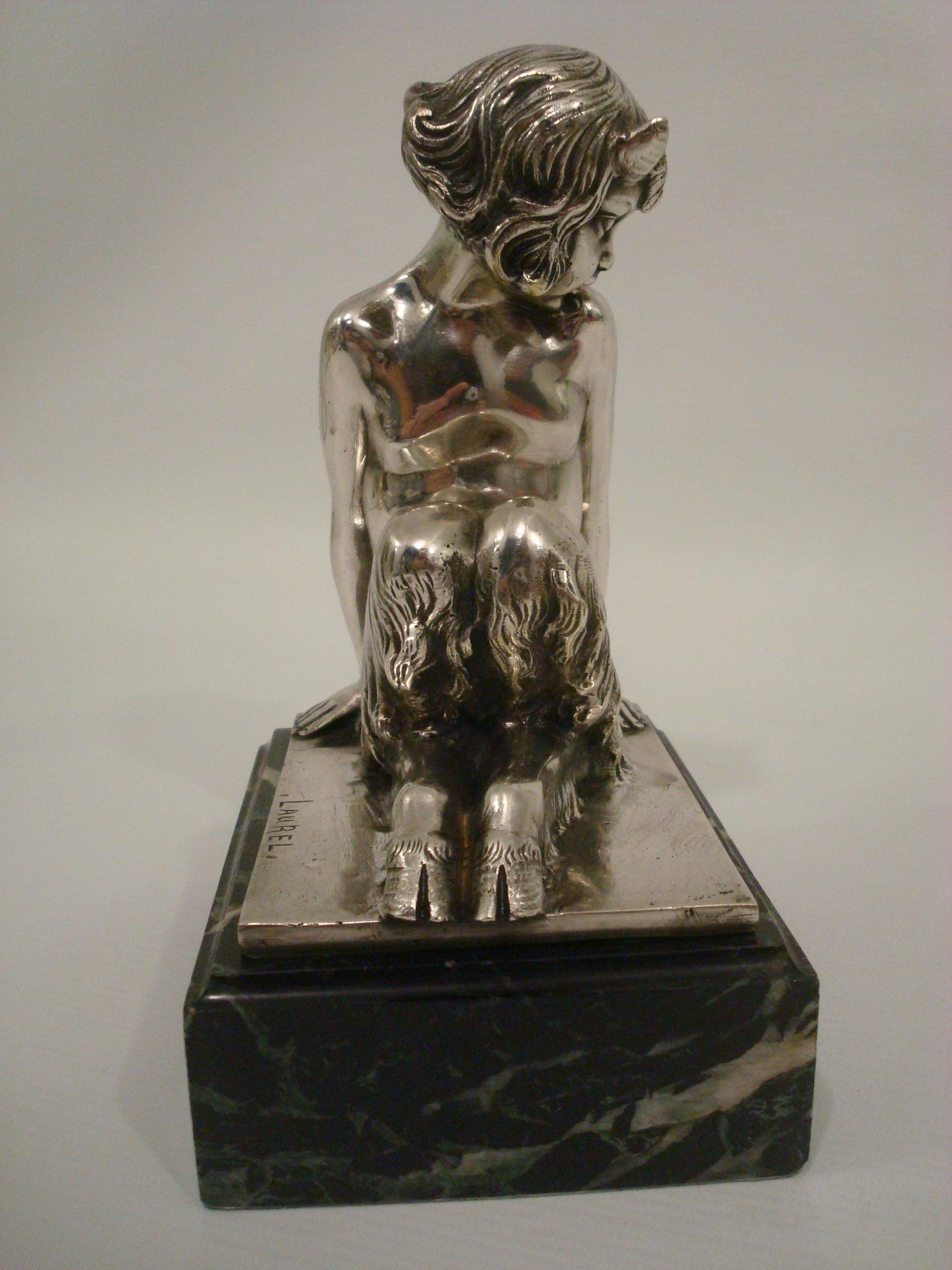 Versilberte Bronze-Buchstützen im Art déco-Stil mit Satyr und Mädchen von Pierre Laurel, 1930 im Angebot 3