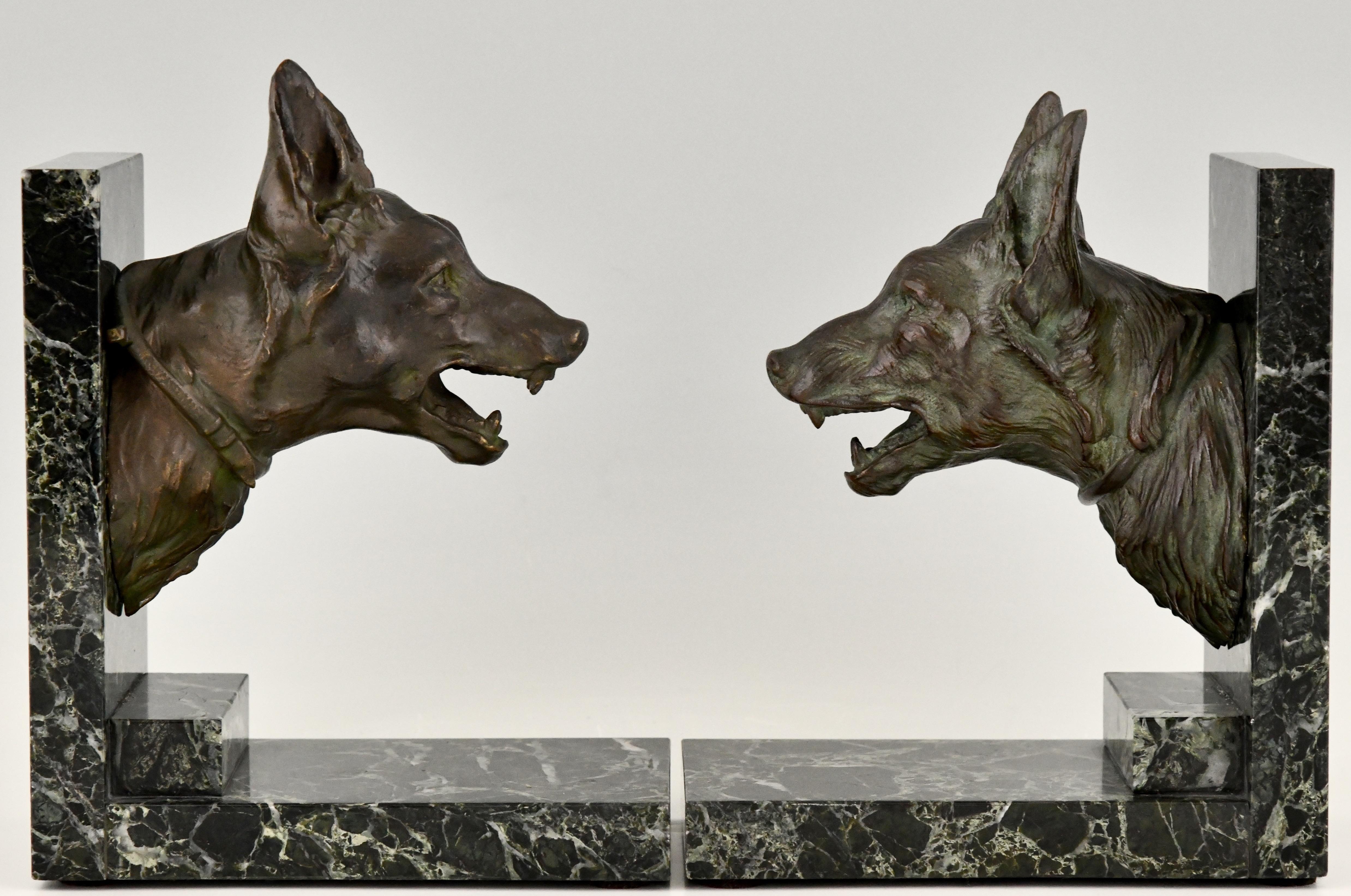Patinated Art Deco Bronze Bookends with Shepherd Dogs by Varnier, France, 1925