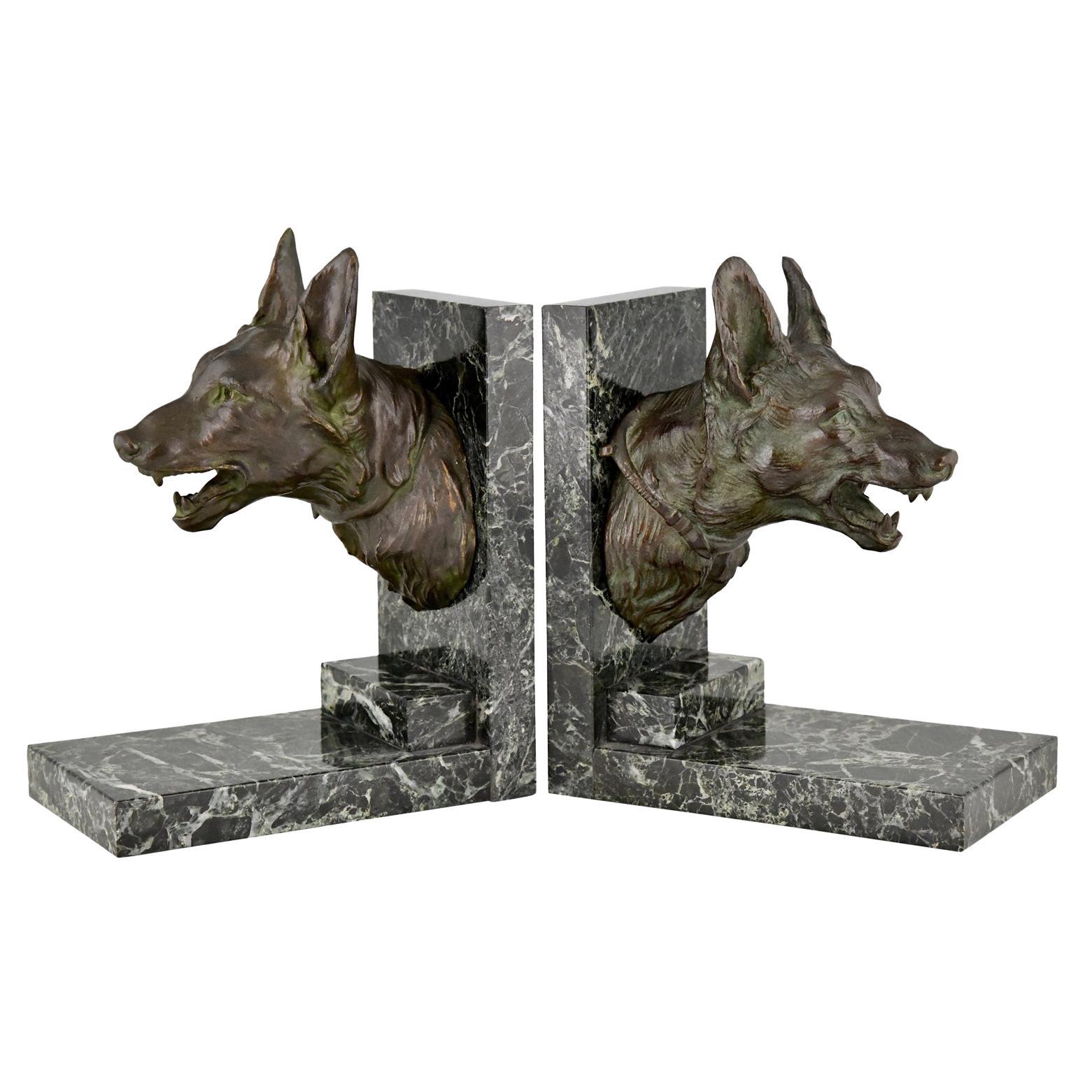 Art Deco Bronze Bookends with Shepherd Dogs by Varnier, France, 1925