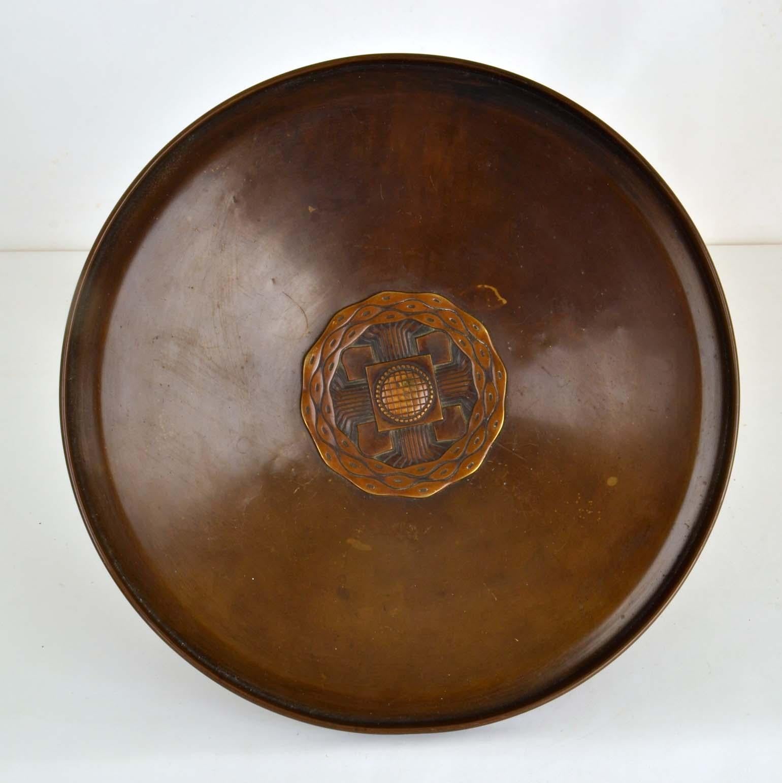 Cast Art Deco Bronze Footed Bowl with Dark Patina