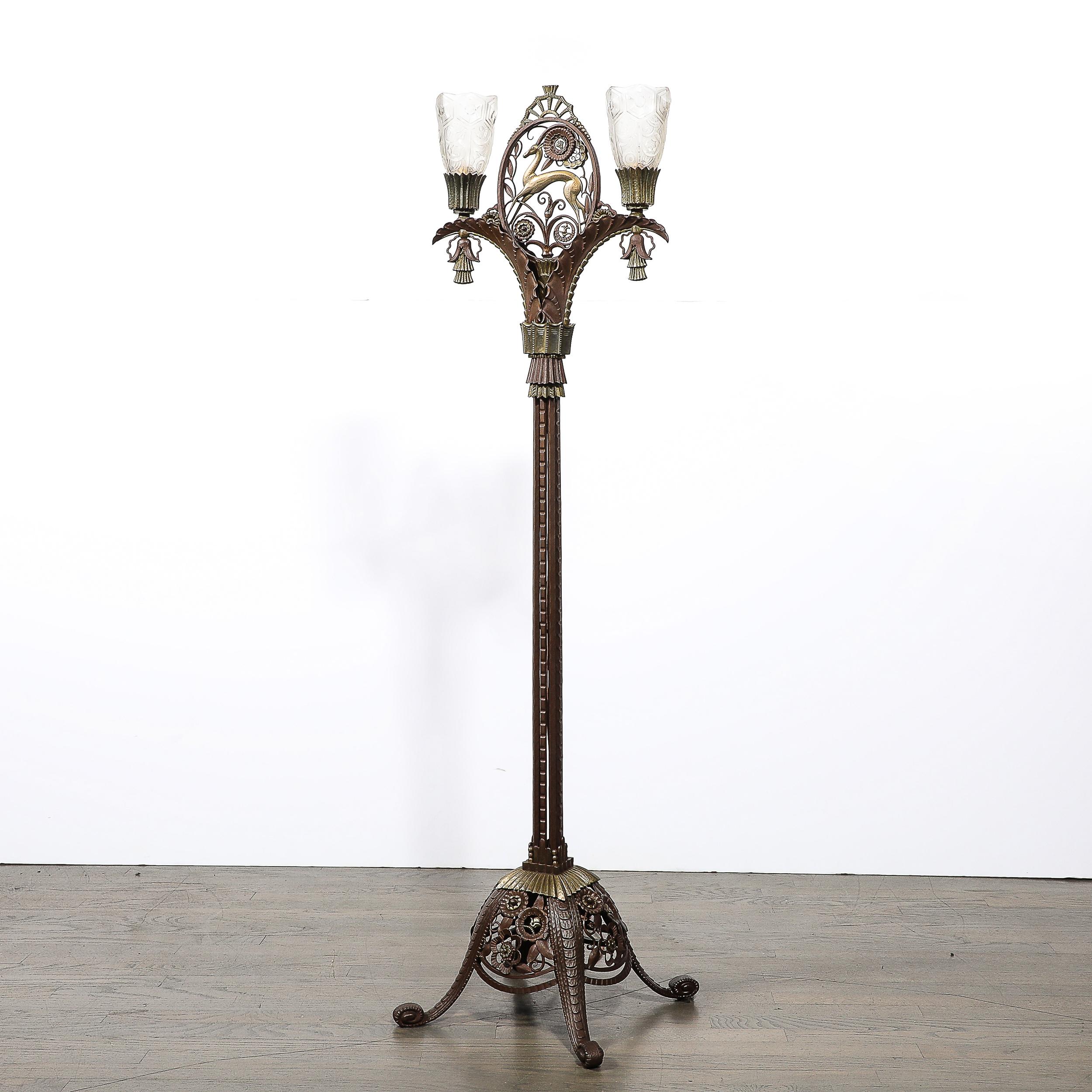 Art Deco Bronze & Brass Floor Lamp W/ Frosted Glass Shades Signed Edgar Brandt 6