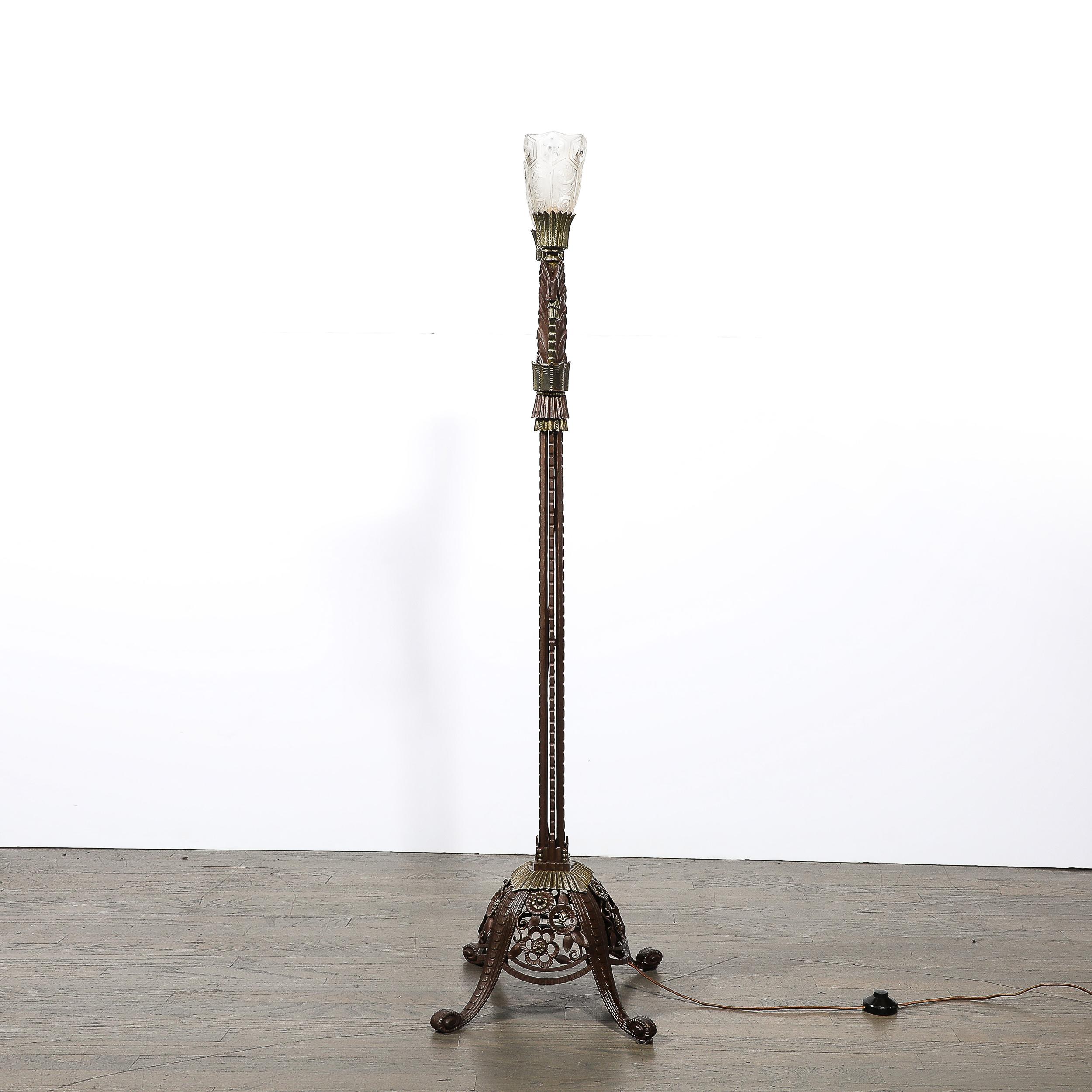 Art Deco Bronze & Brass Floor Lamp W/ Frosted Glass Shades Signed Edgar Brandt 9