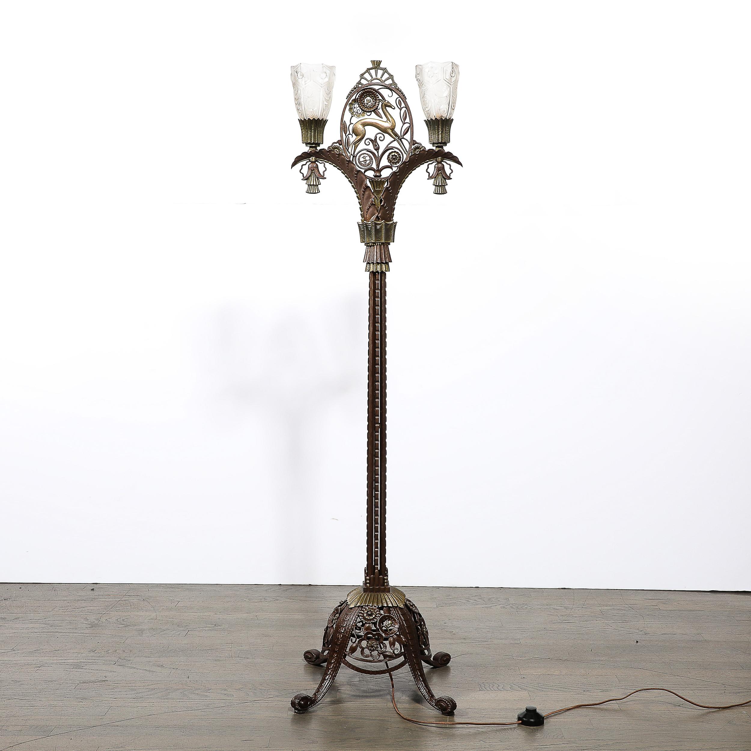 Art Deco Bronze & Brass Floor Lamp W/ Frosted Glass Shades Signed Edgar Brandt 12