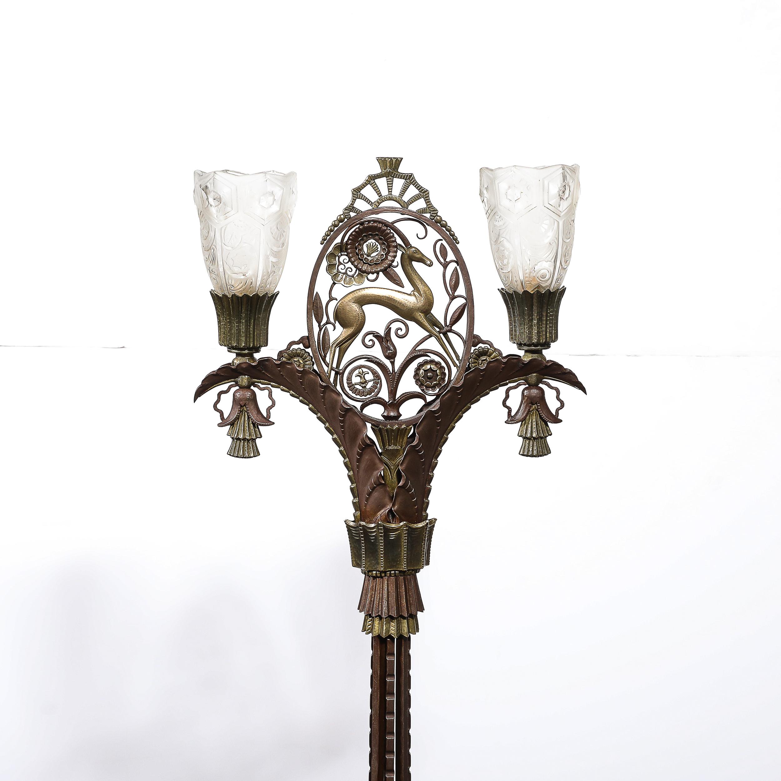 Art Deco Bronze & Brass Floor Lamp W/ Frosted Glass Shades Signed Edgar Brandt 13