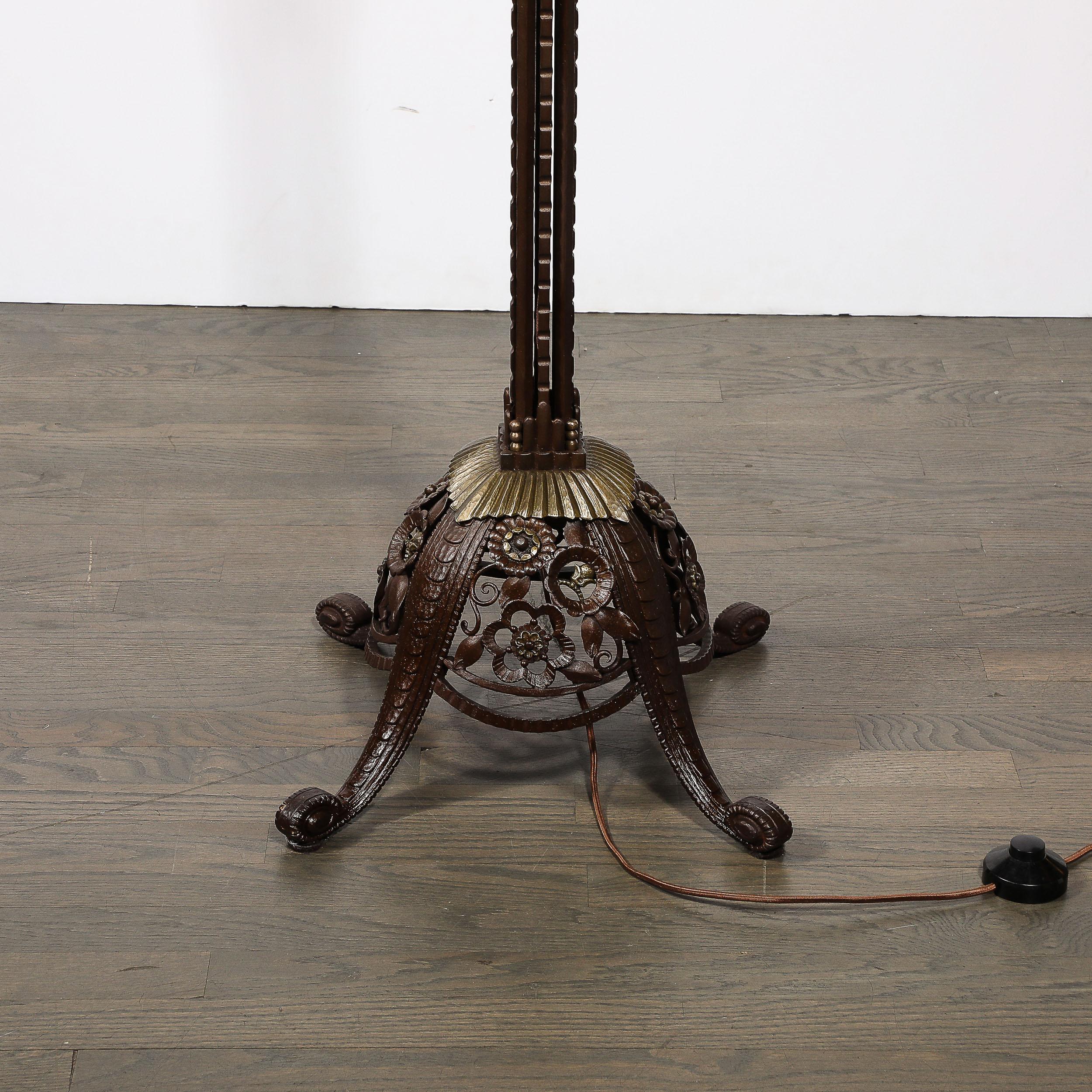 Art Deco Bronze & Brass Floor Lamp W/ Frosted Glass Shades Signed Edgar Brandt 14