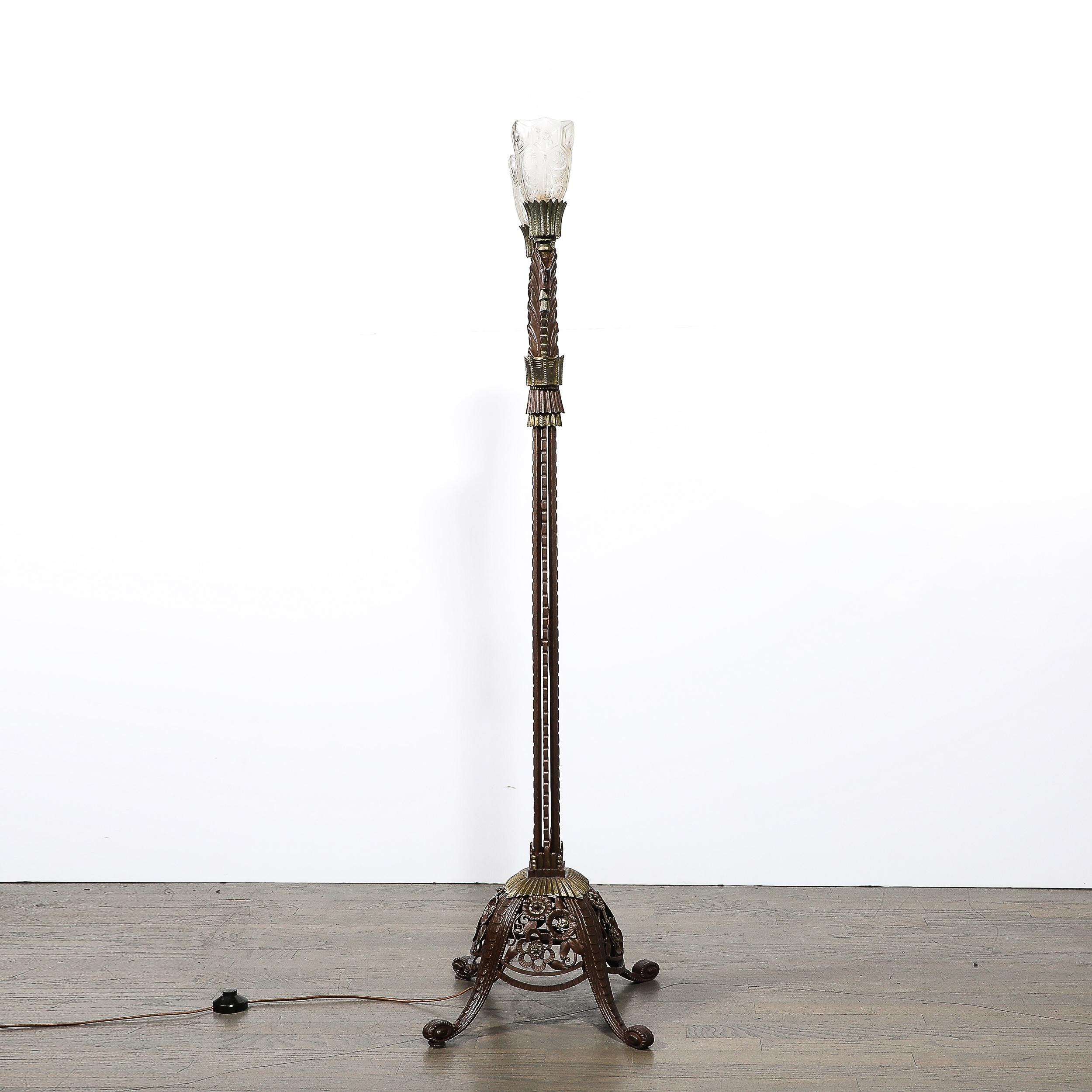 Art Deco Bronze & Brass Floor Lamp W/ Frosted Glass Shades Signed Edgar Brandt 15