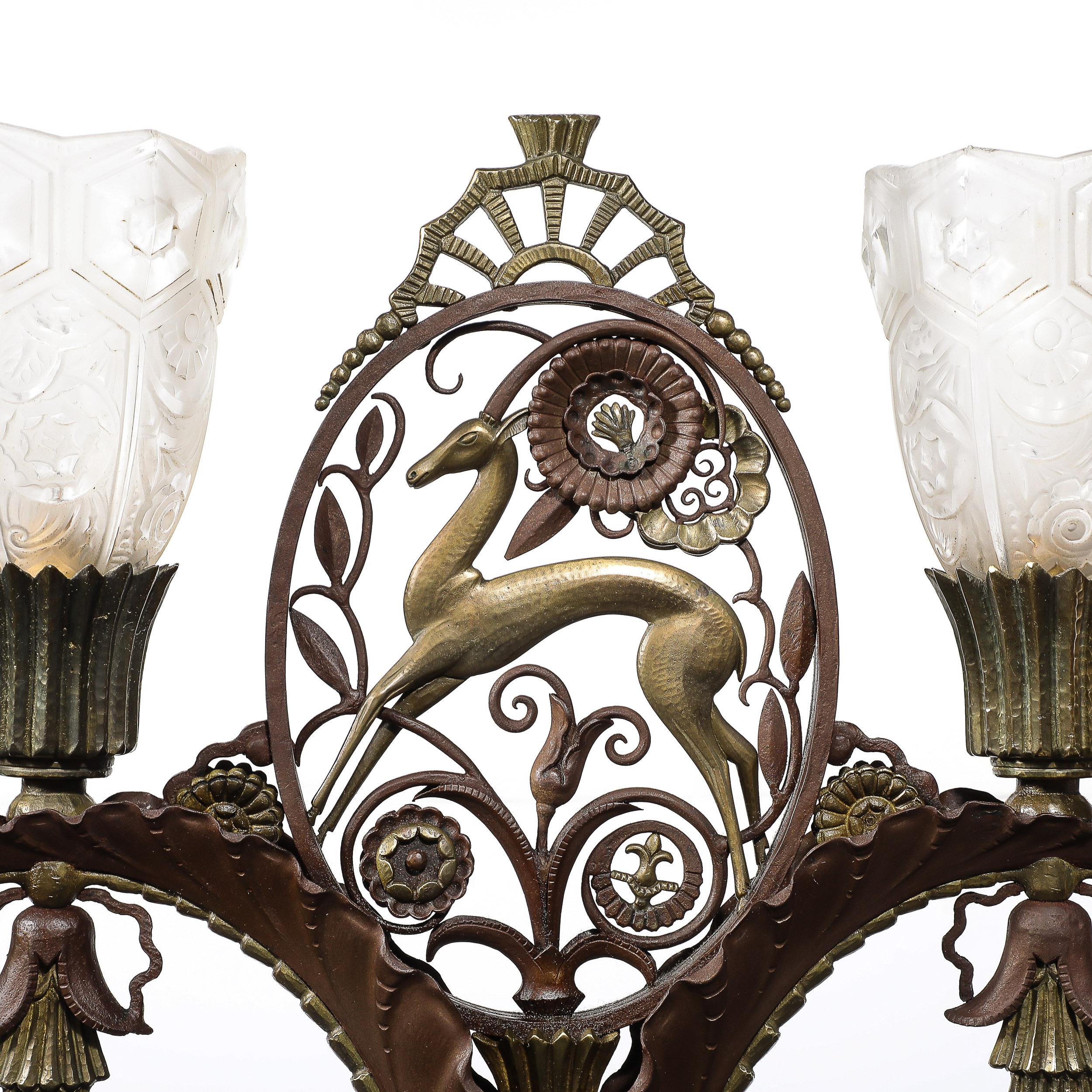 French Art Deco Bronze & Brass Floor Lamp W/ Frosted Glass Shades Signed Edgar Brandt