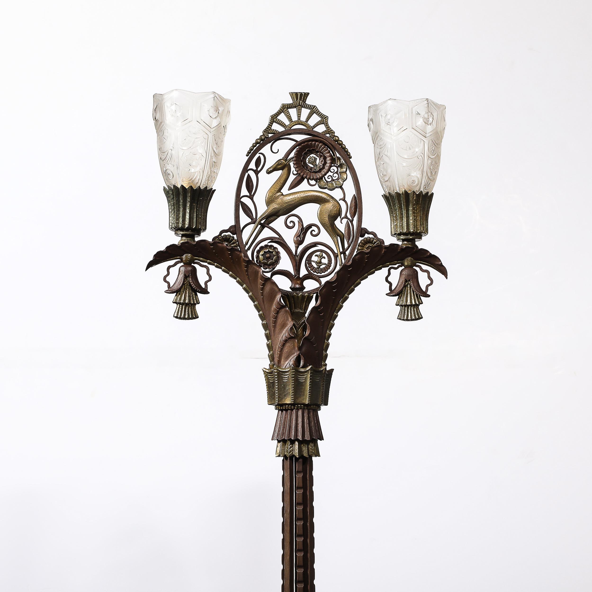 Art Deco Bronze & Brass Floor Lamp W/ Frosted Glass Shades Signed Edgar Brandt In Excellent Condition In New York, NY