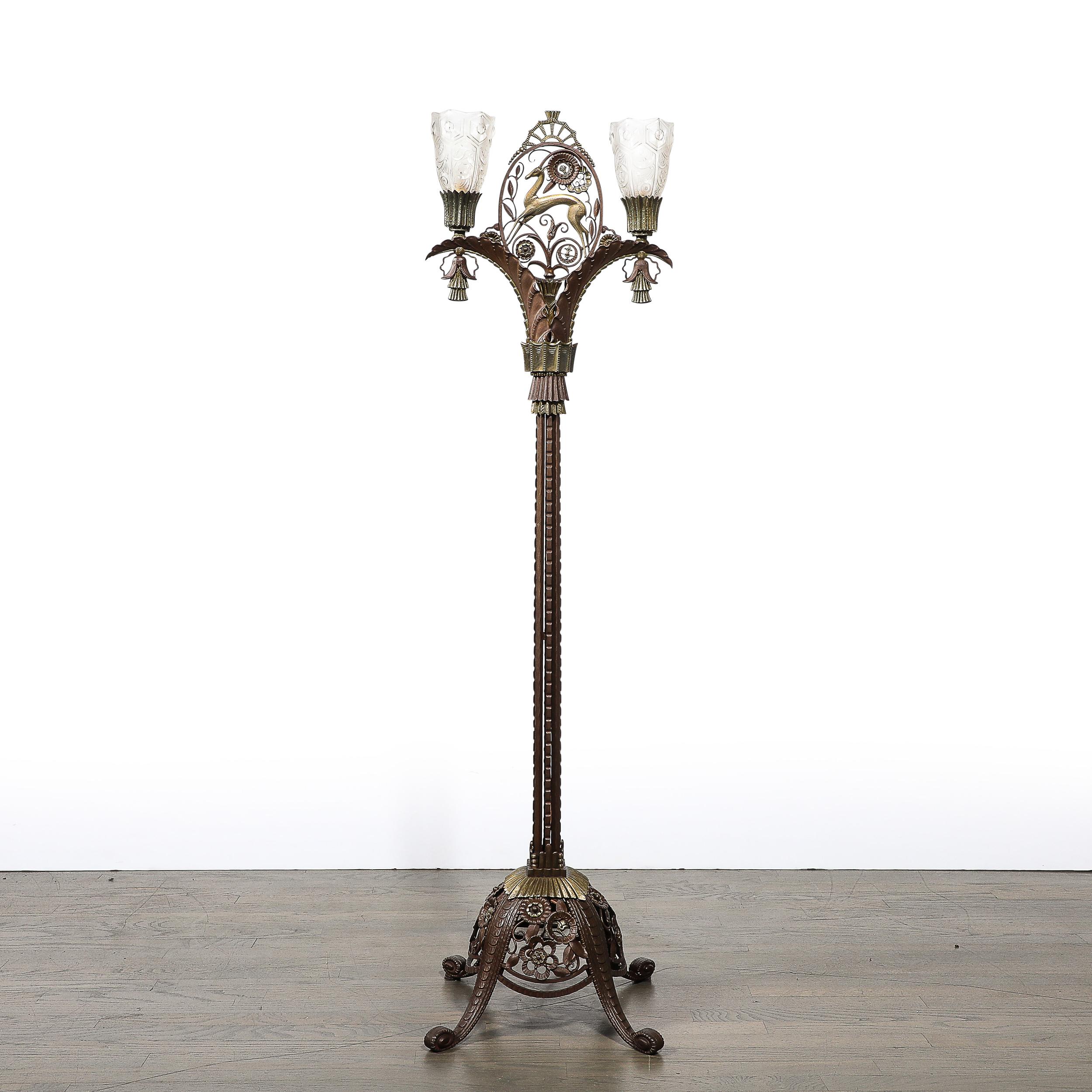 Mid-20th Century Art Deco Bronze & Brass Floor Lamp W/ Frosted Glass Shades Signed Edgar Brandt