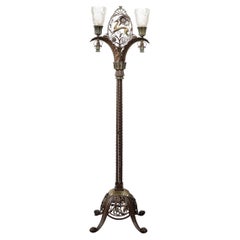 Art Deco Bronze & Brass Floor Lamp W/ Frosted Glass Shades Signed Edgar Brandt