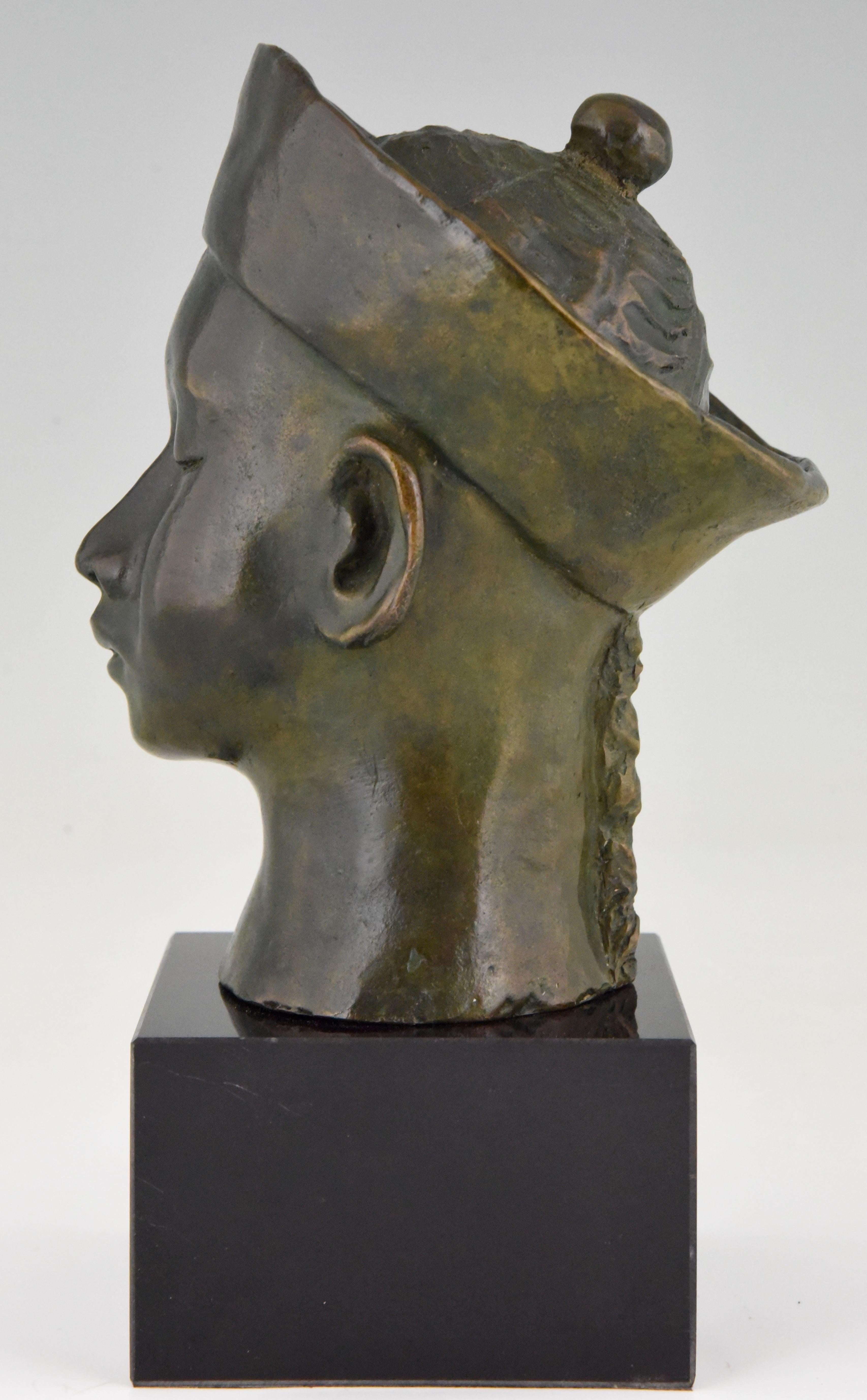 French Art Deco Bronze Bust Chinese Boy with Hat and Braid. C. Le Van  1930