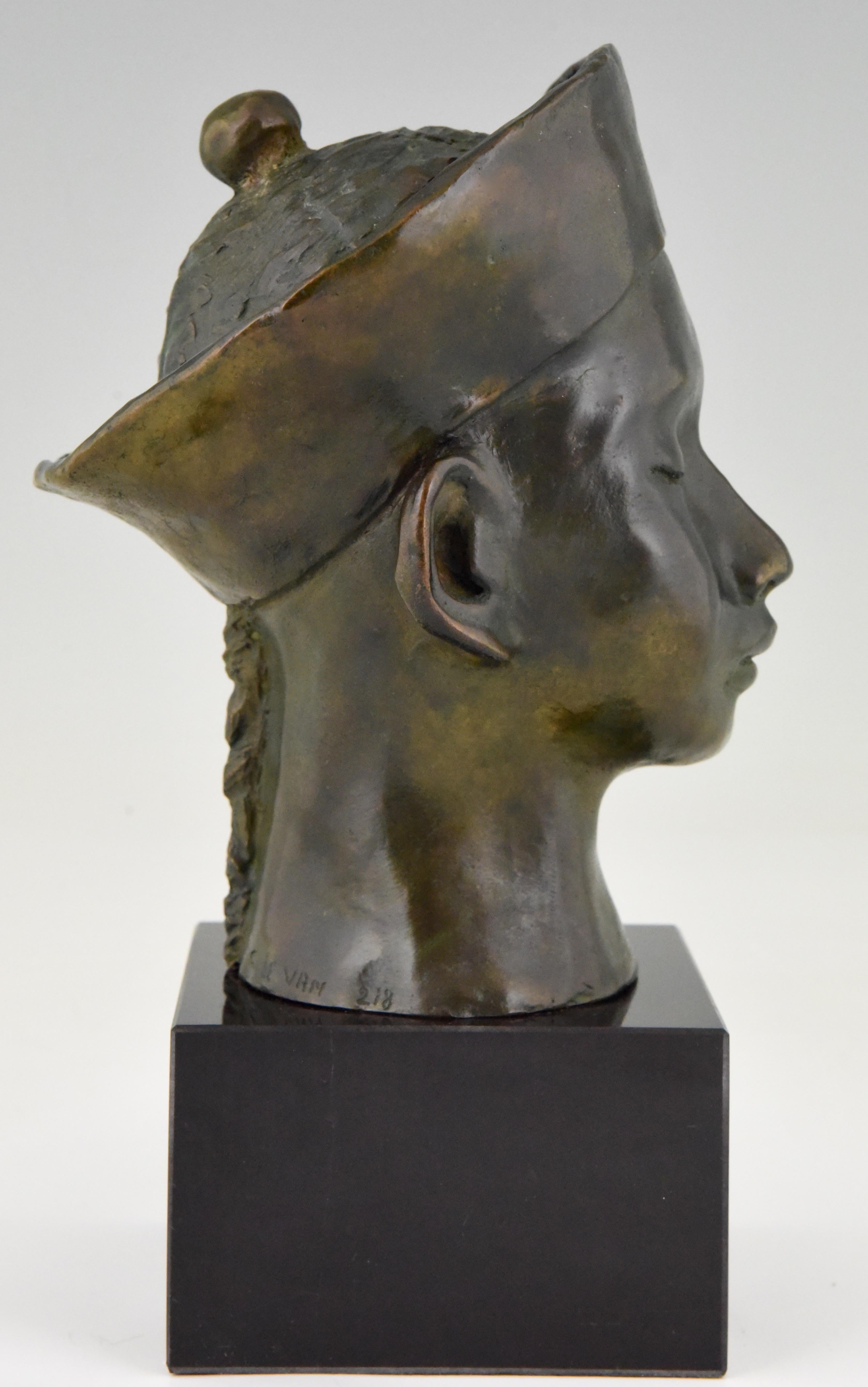 20th Century Art Deco Bronze Bust Chinese Boy with Hat and Braid. C. Le Van  1930