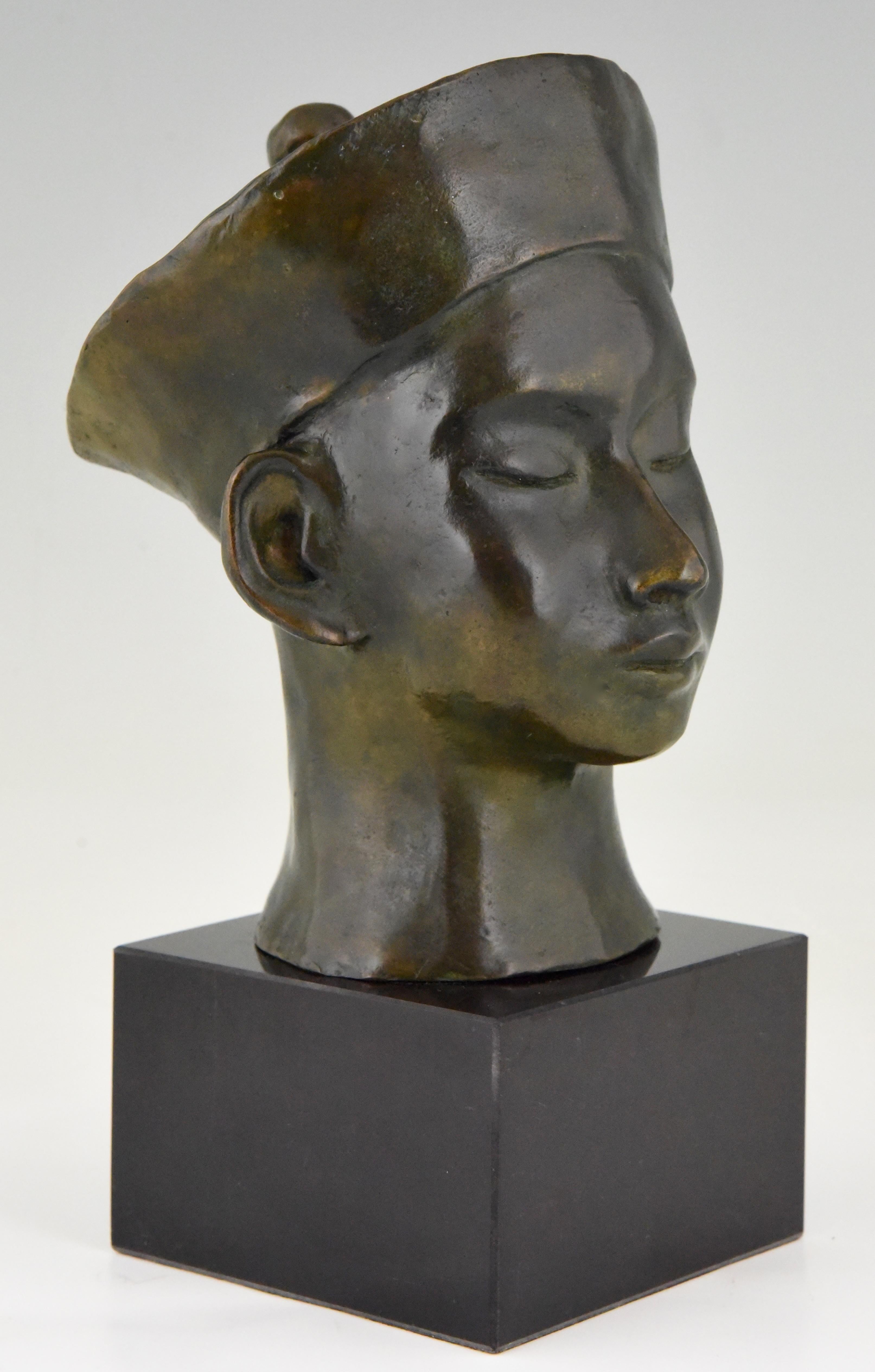 Art Deco Bronze Bust Chinese Boy with Hat and Braid. C. Le Van  1930 1