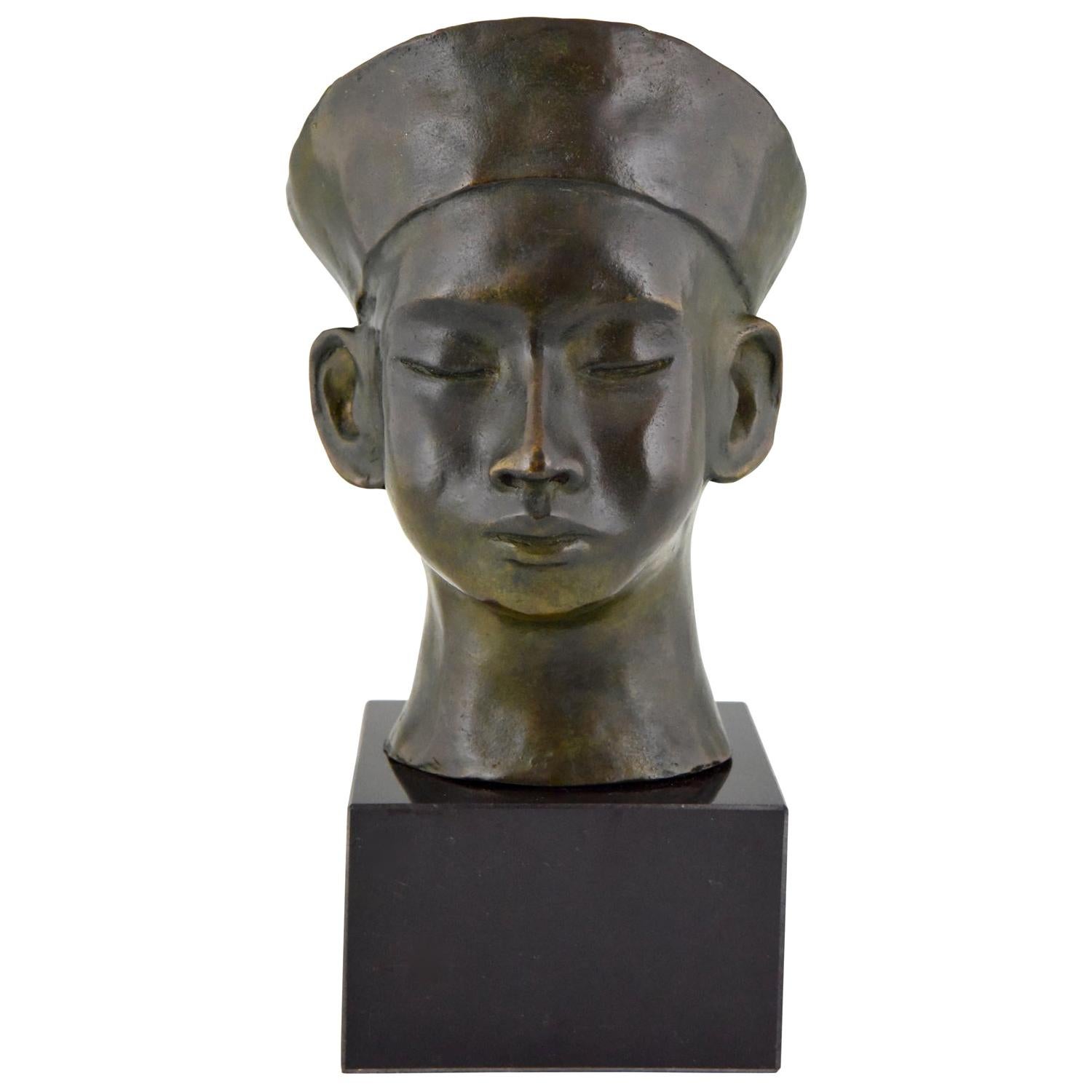 Art Deco Bronze Bust Chinese Boy with Hat and Braid. C. Le Van  1930