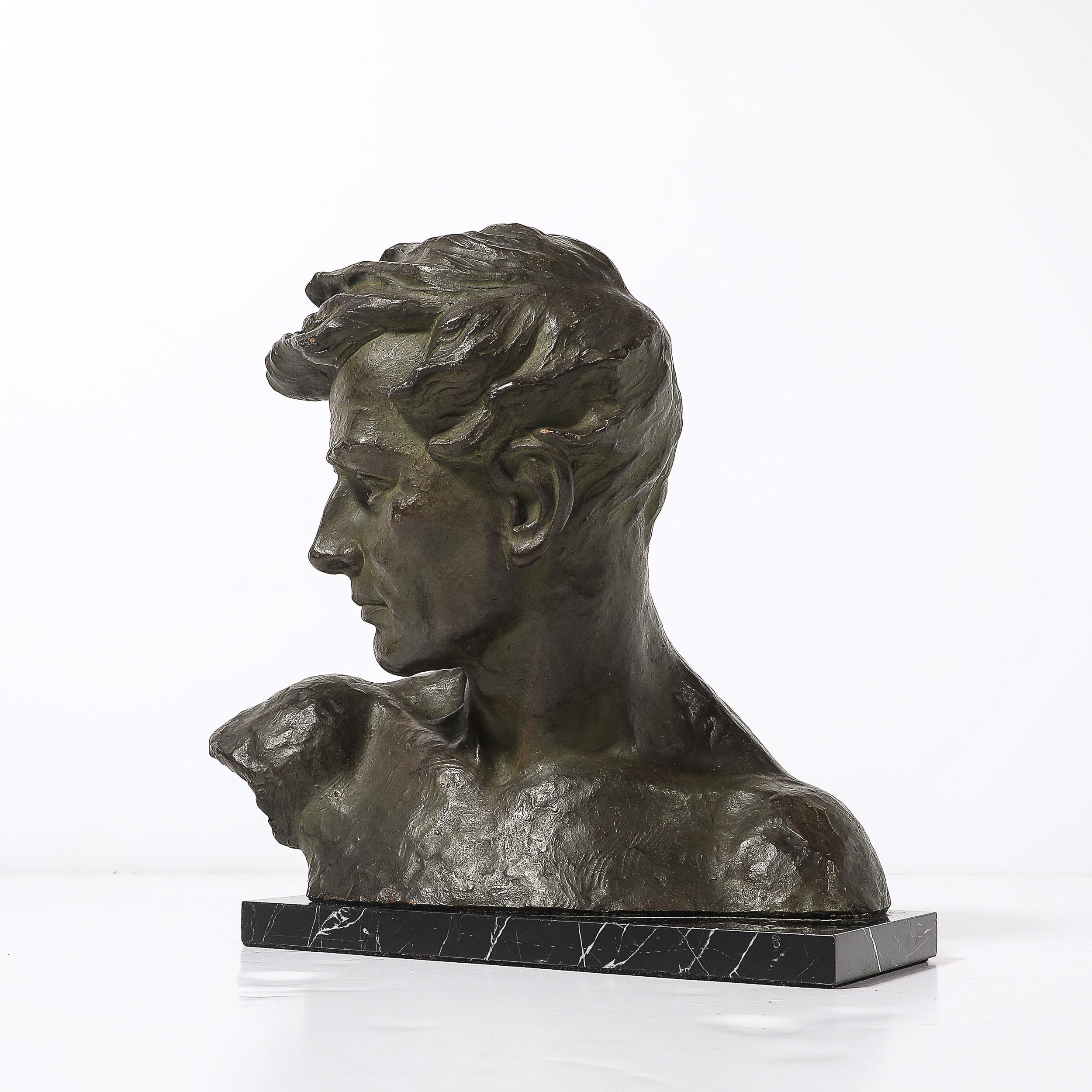 Art Deco Bronze Bust of a Male Figure on Marble Base signed Johannes Dommisse For Sale 5