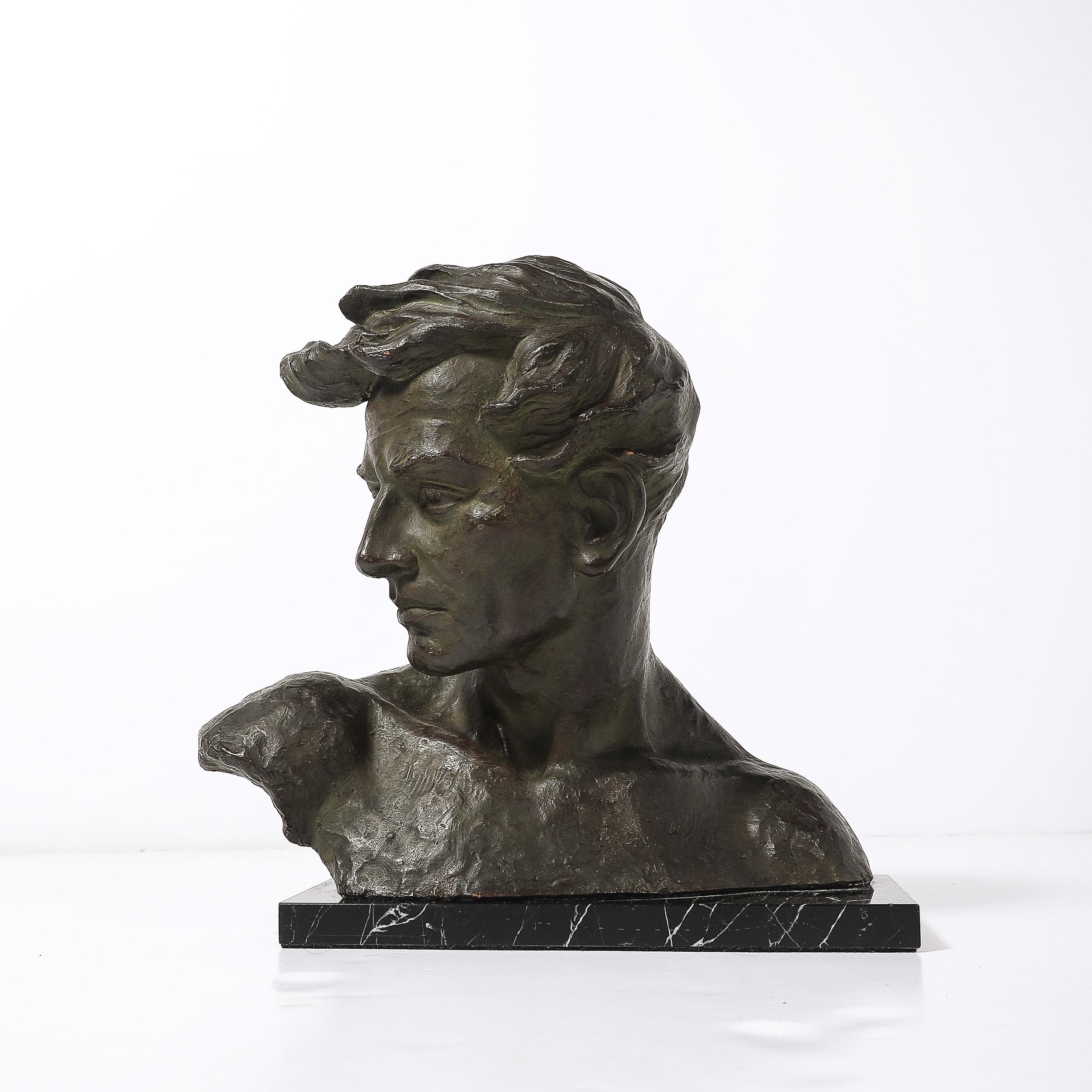 Art Deco Bronze Bust of a Male Figure on Marble Base signed Johannes Dommisse For Sale 6