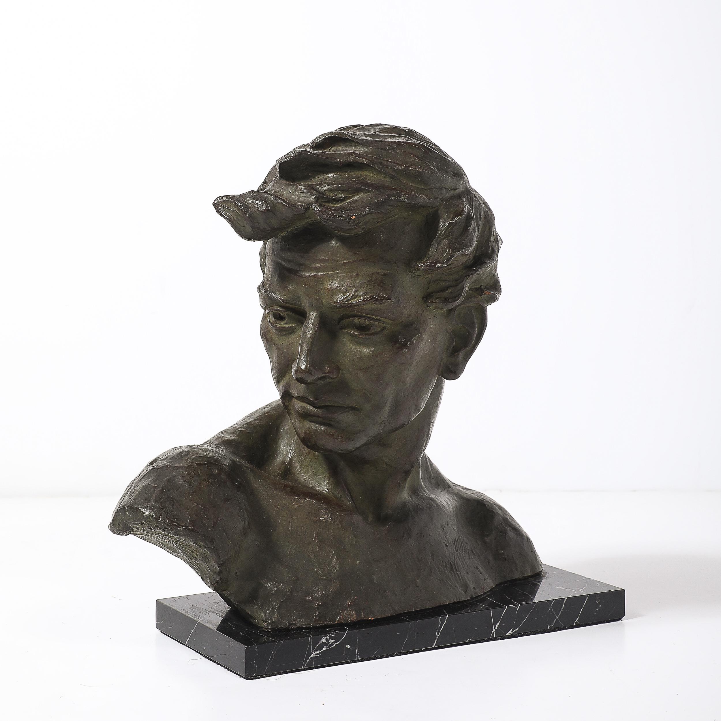 Belgian Art Deco Bronze Bust of a Male Figure on Marble Base signed Johannes Dommisse For Sale