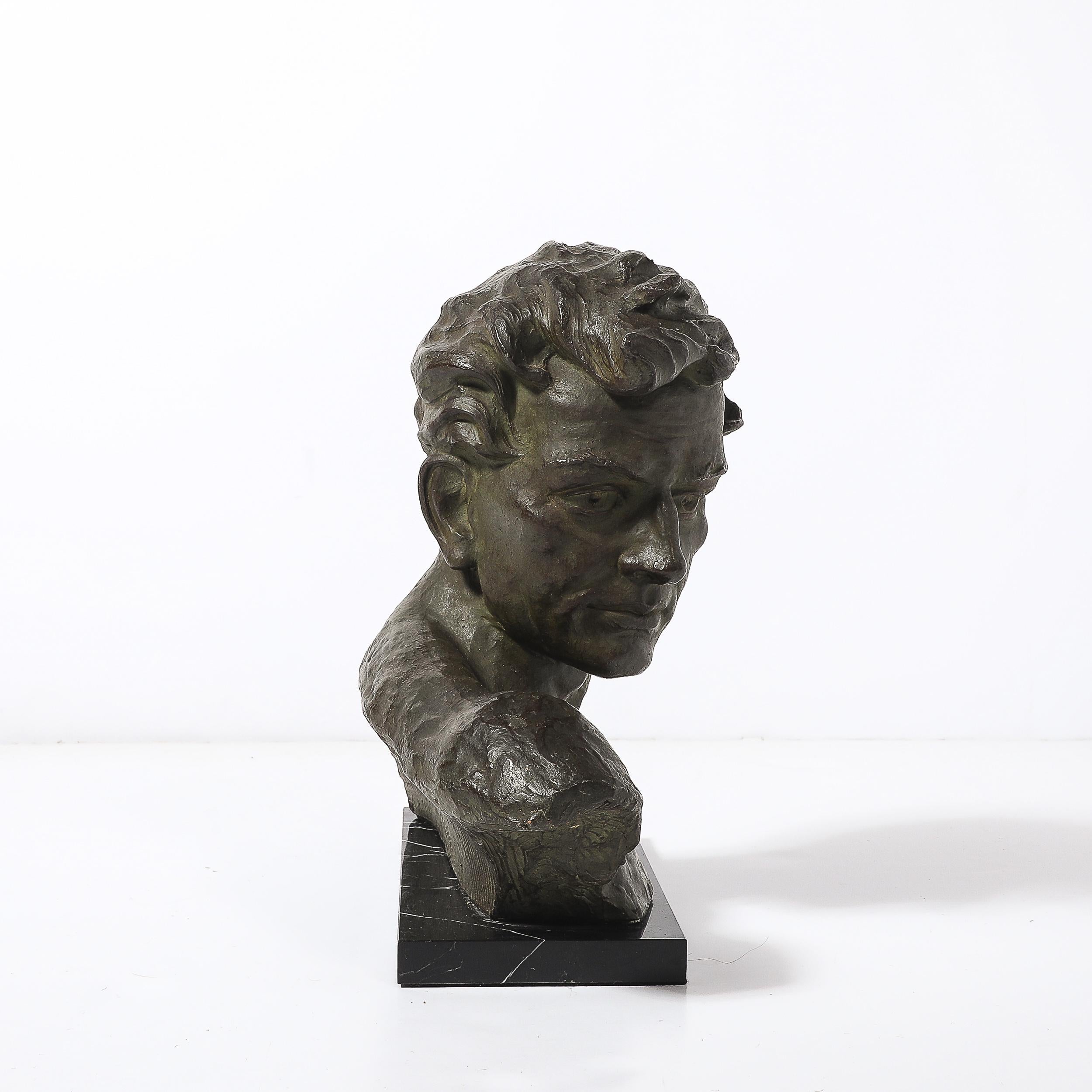 Mid-20th Century Art Deco Bronze Bust of a Male Figure on Marble Base signed Johannes Dommisse For Sale