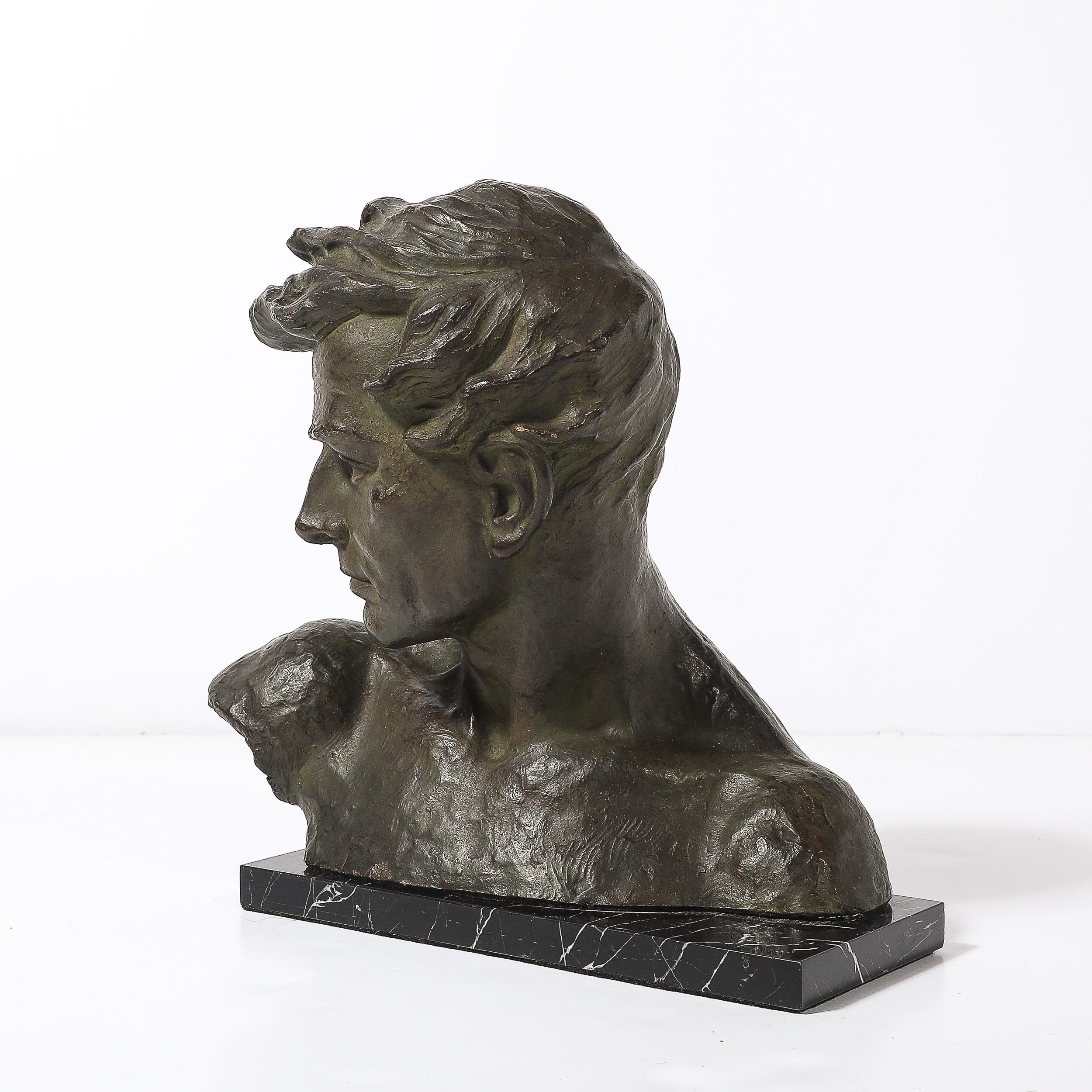 Art Deco Bronze Bust of a Male Figure on Marble Base signed Johannes Dommisse For Sale 4