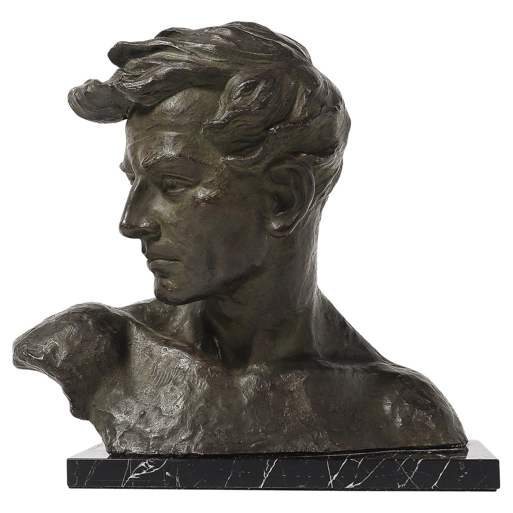 Art Deco Bronze Bust of a Male Figure on Marble Base signed Johannes Dommisse For Sale