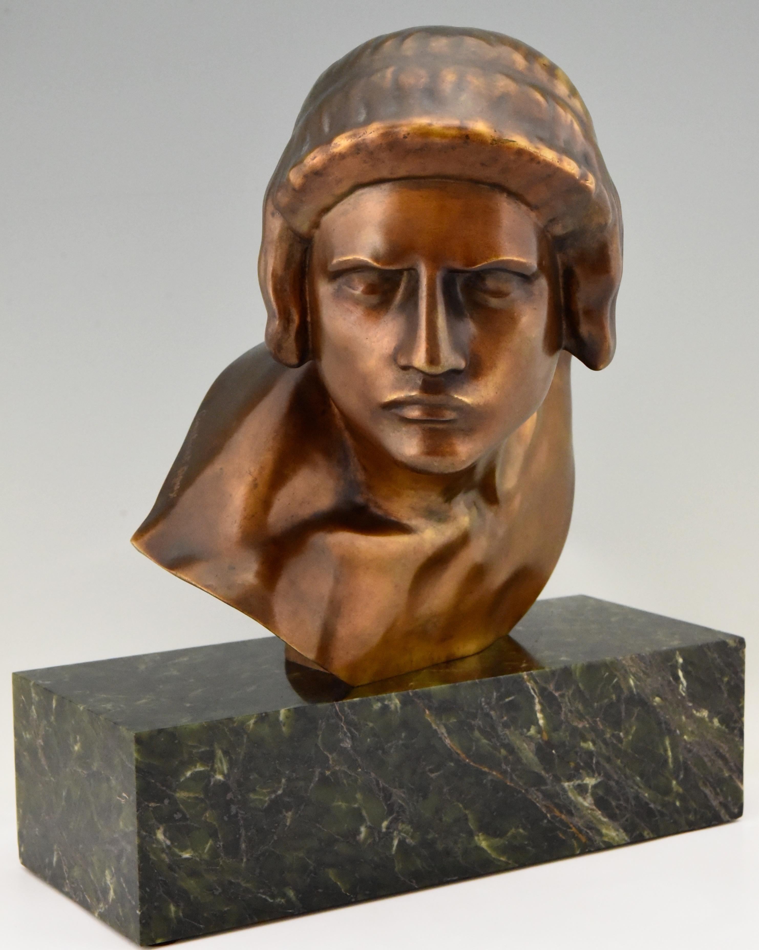 Impressive Art Deco bronze bust of Achilles by the famous French sculptor Constant Roux.(1865-1929)
The bronze sculpture has a beautiful patina and stands on a marble base. The work is signed and has the founders signature and seal,
circa 1920.