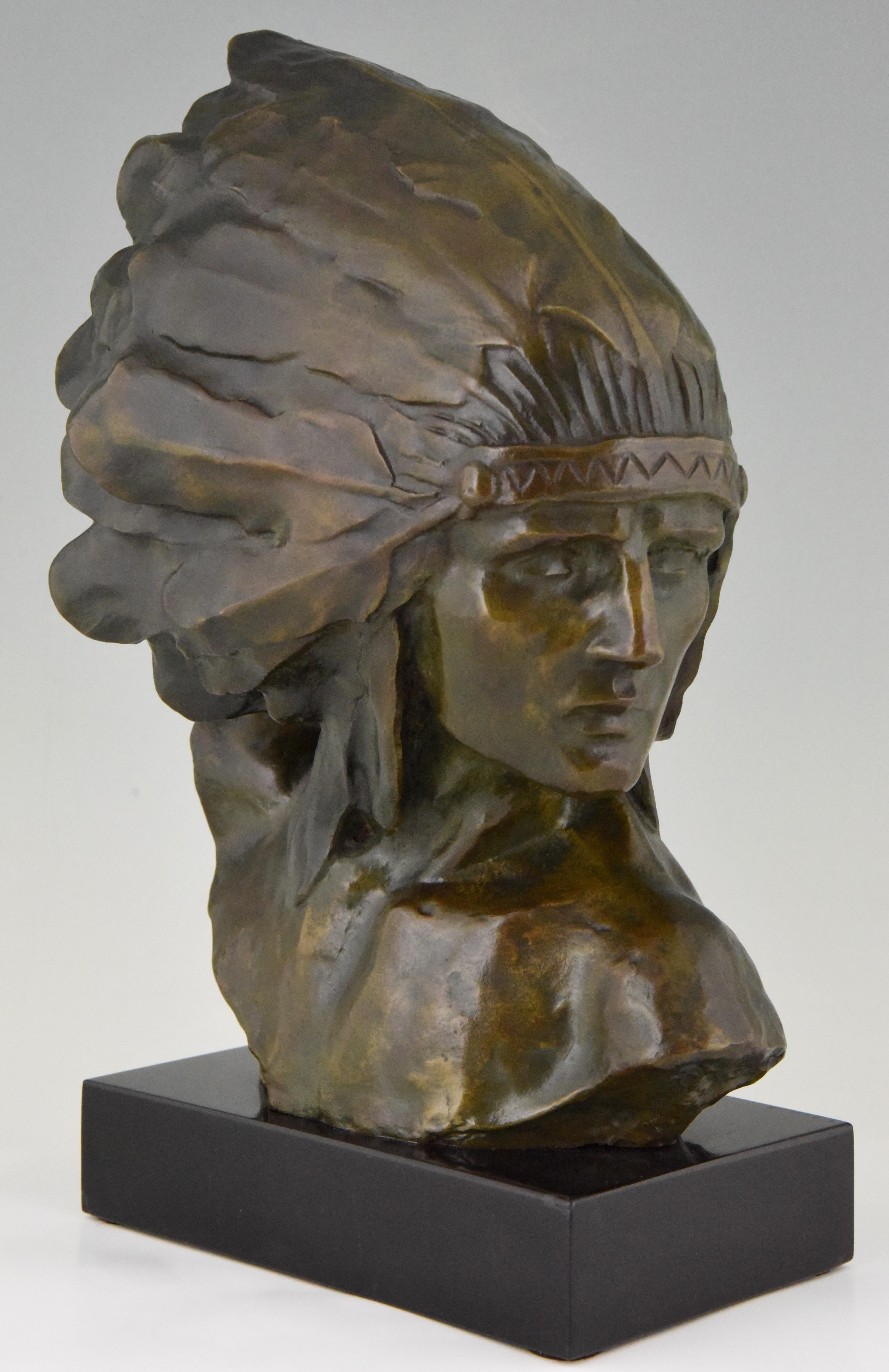Belgian Black Marble Art Deco Bronze Bust of an Indian with Headdress Louis Sosson France  1930