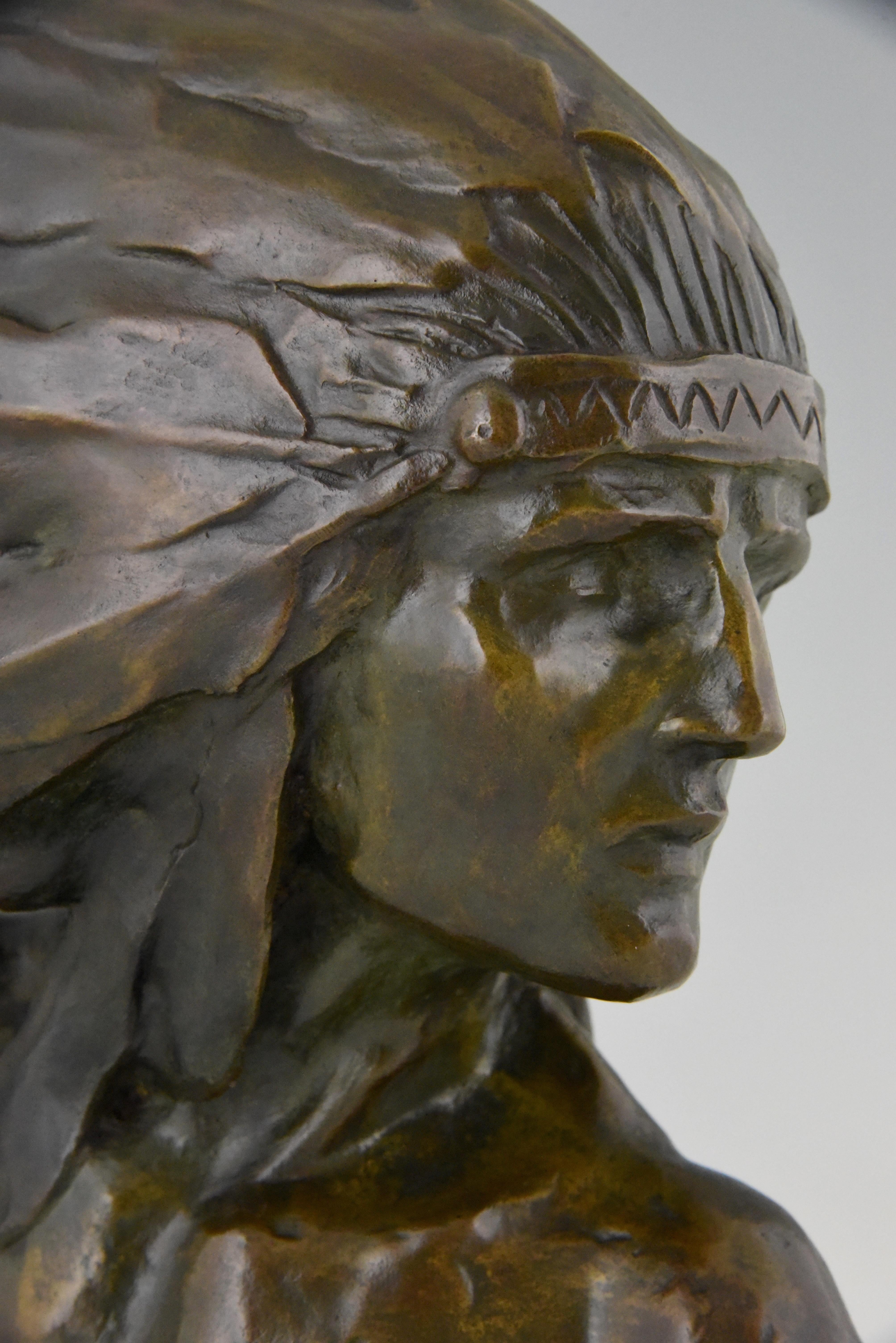 Art Deco Bronze Bust of an Indian with Headdress Louis Sosson France  1930 1