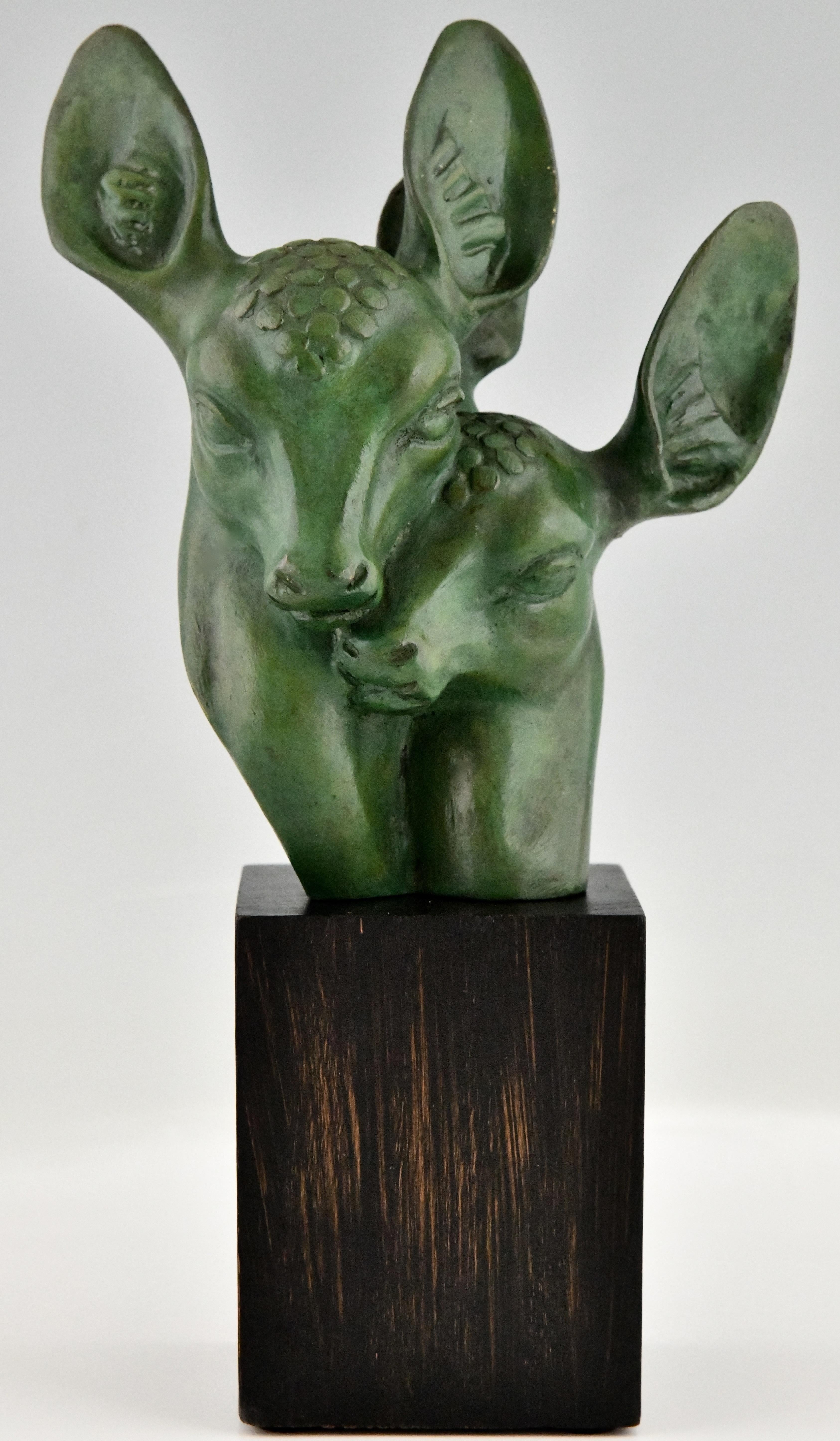 Patinated Art Deco Bronze Bust of Two Deer Signed by Georges H. Laurent France 1930