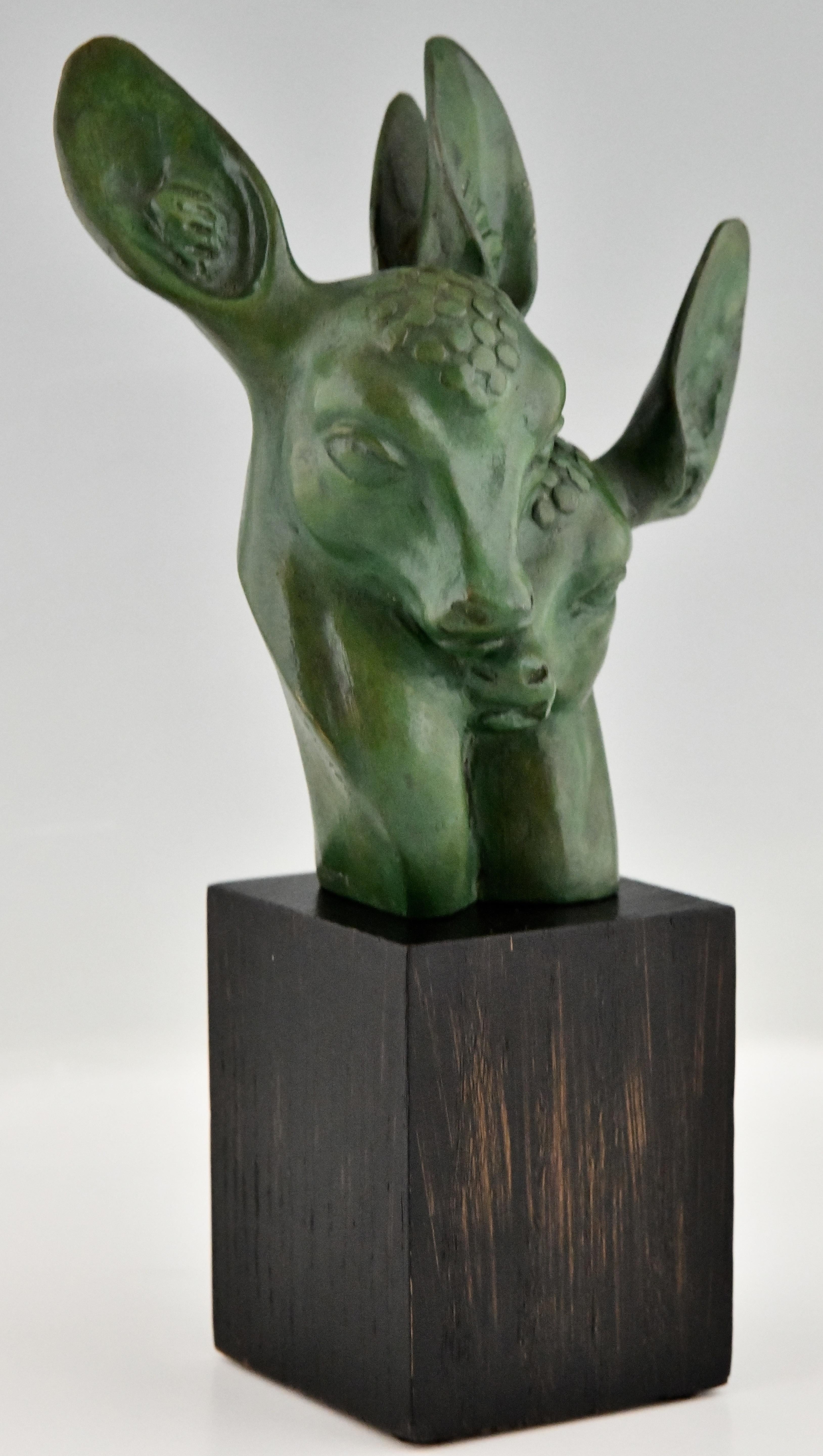 Art Deco Bronze Bust of Two Deer Signed by Georges H. Laurent France 1930 2