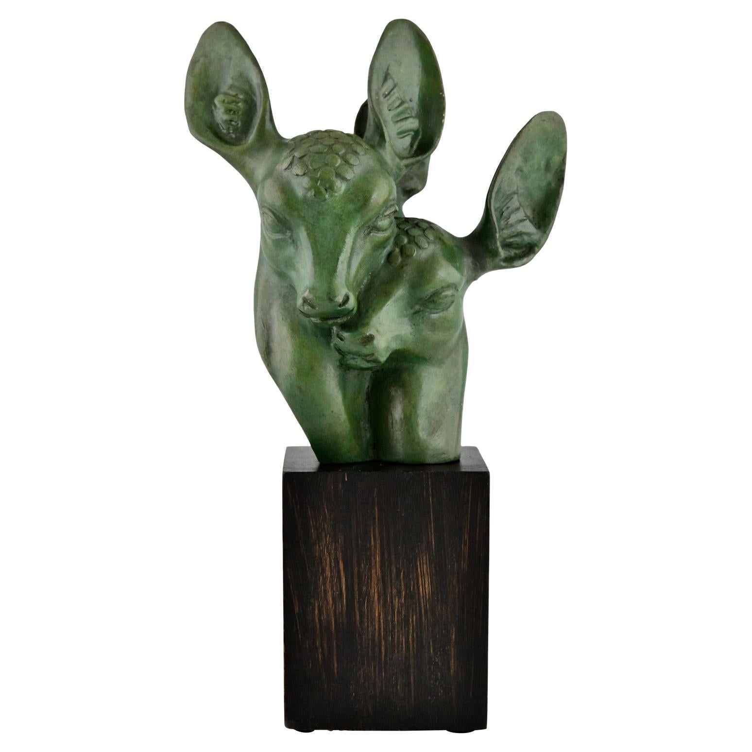 Art Deco Bronze Bust of Two Deer Signed by Georges H. Laurent France 1930