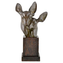 Busto Art Déco en bronce de dos ciervos firmado por Georges H. Laurent Francia 1930