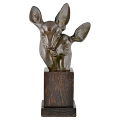 Vintage Art Deco bronze bust of two deer signed by Georges H. Laurent France 1930