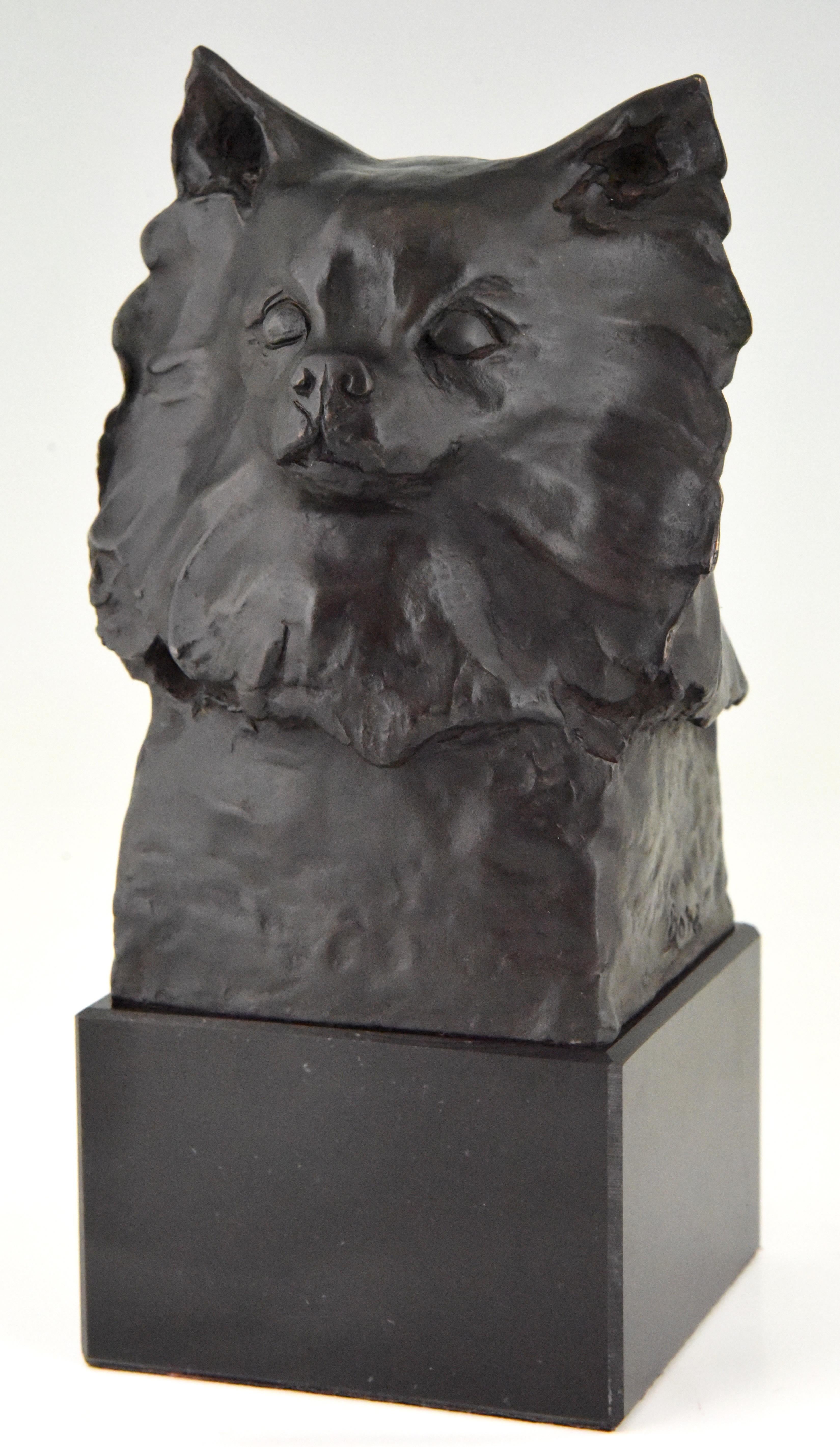 Art Deco bronze bust of a dog, Chihuahua, Pomeranian or Pomchi.
Signed by the German artist Bona with the foundry mark of Brandstetter from Munich. Bronze with black patina on black marble base, circa 1930.
