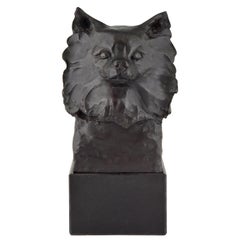 Vintage Art Deco Bronze Bust Sculpture Dog Chihuahua, Pomeranian or Pomchi Signed Bona