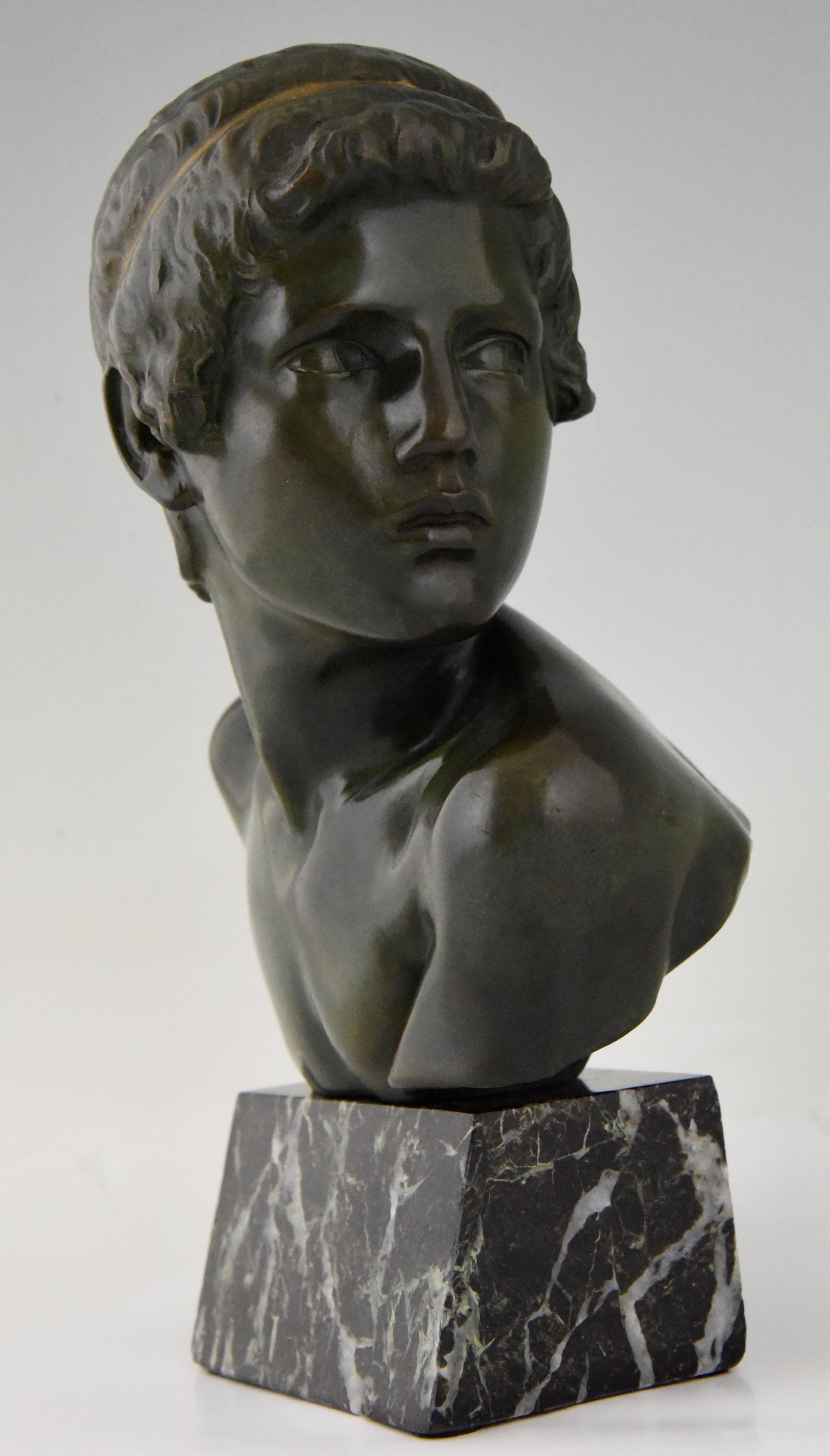 Early 20th Century Art Deco Bronze Bust Young Boy Achilles Constant Roux, 1920