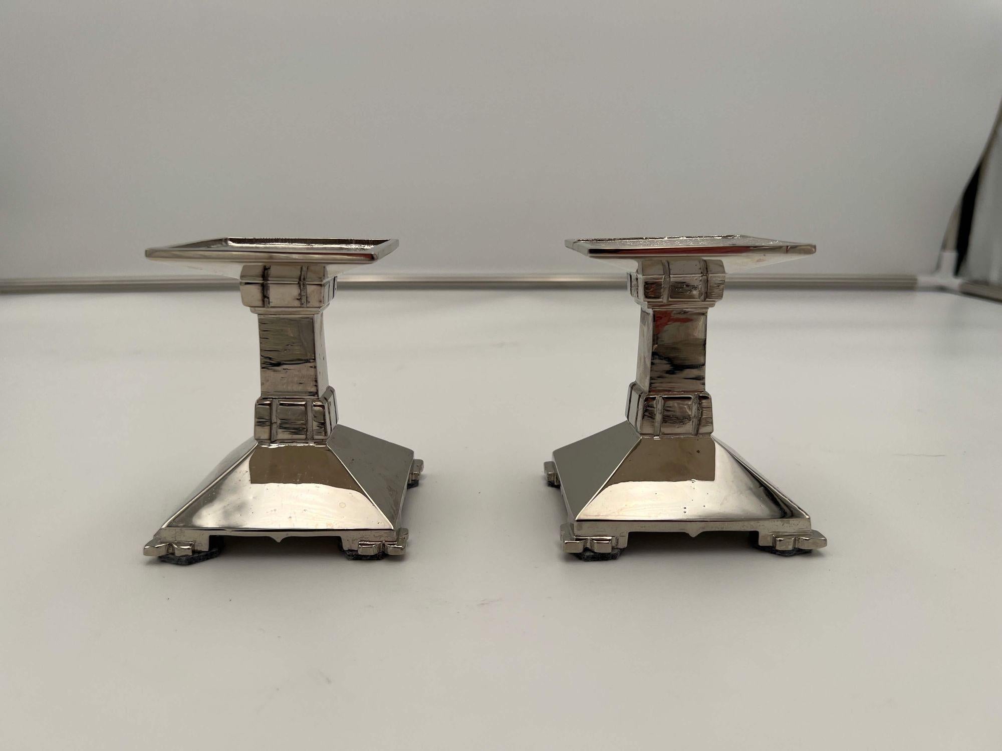 French Art Deco Bronze Candlesticks, Nickel-plated, France circa 1930 For Sale