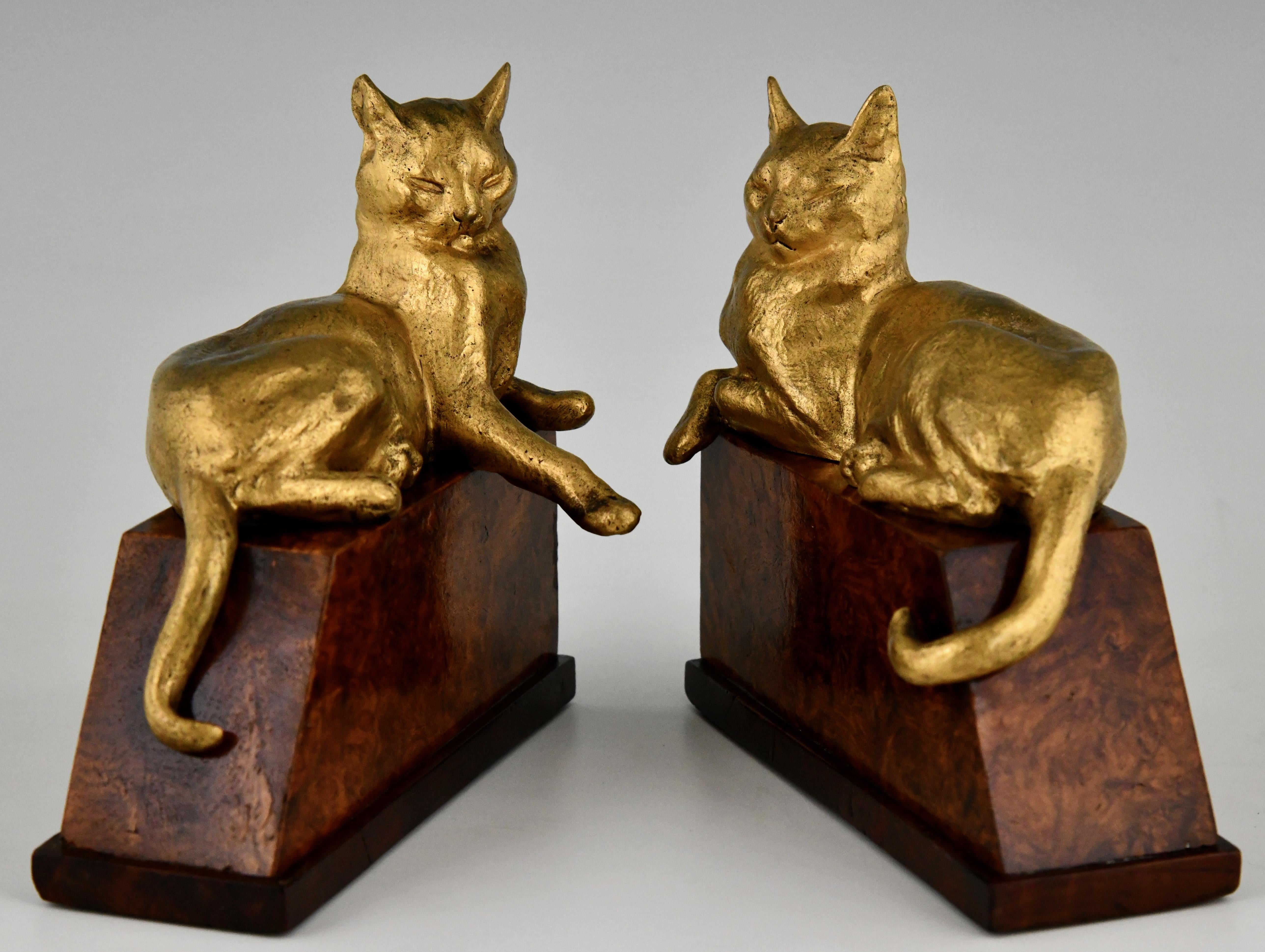 French Art Deco Bronze Cat Bookends by Louis Riche