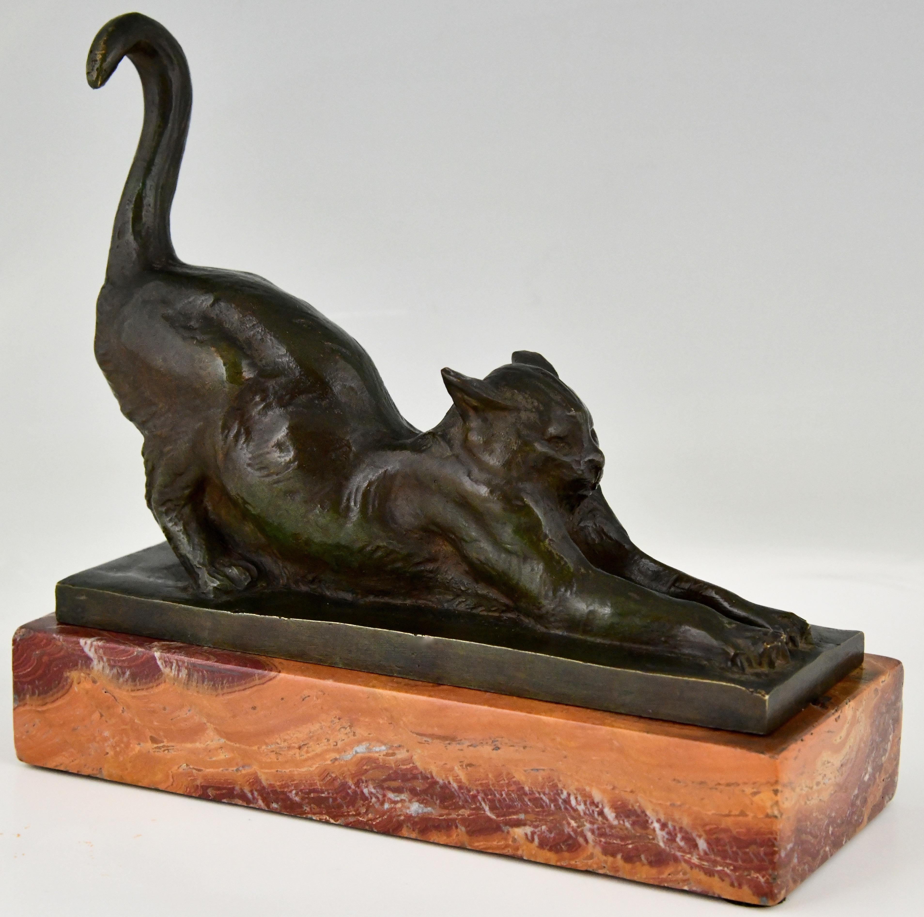 Early 20th Century Art Deco Bronze Cat Bookends by Louis Riche, Patrouilleau Foundry, France 1920 For Sale