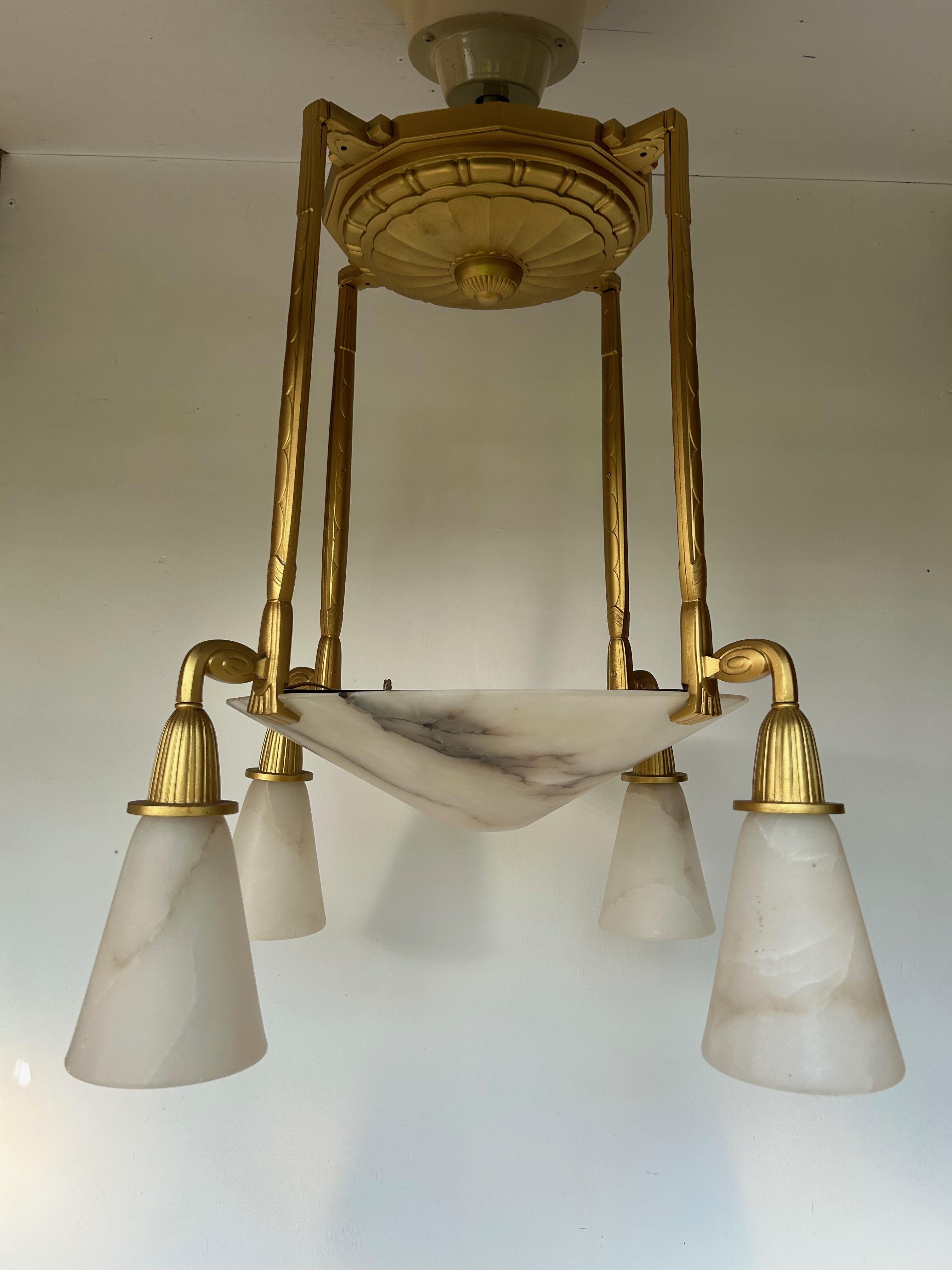French Art Deco Bronze Chandelier Signed P Gagnon For Sale