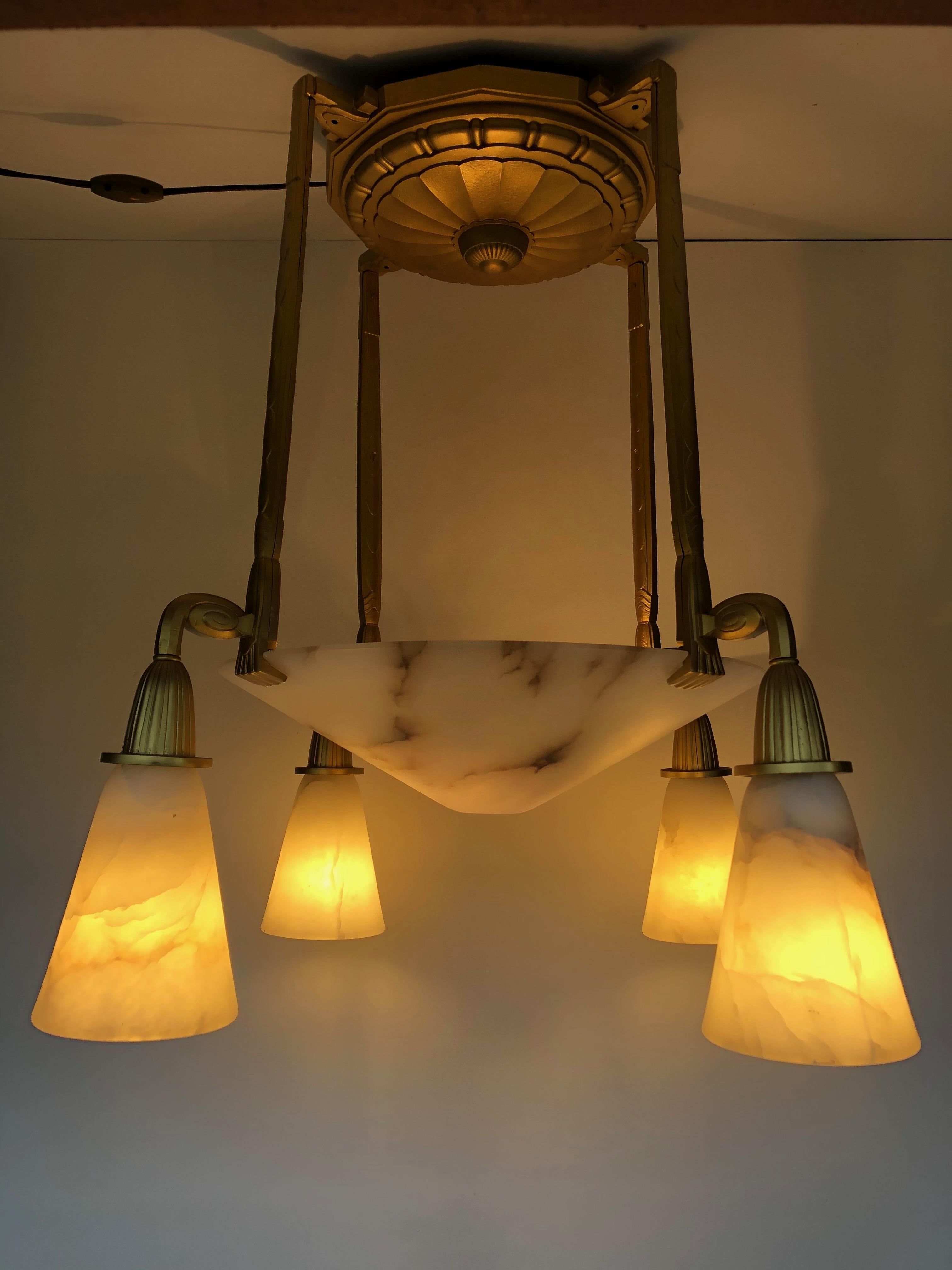Art Deco Bronze Chandelier Signed P Gagnon For Sale 4