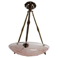 Art Deco Bronze Chandelier with Glass Bowl With Butterfly Motif, by Degué, 1930
