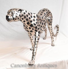 Art Deco Bronze Cheetah Cat - Large Silver Plate Statue