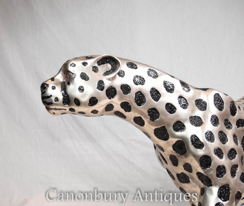 Art Deco Bronze Cheetah Cat - Large Silver Plate Statue For Sale 1